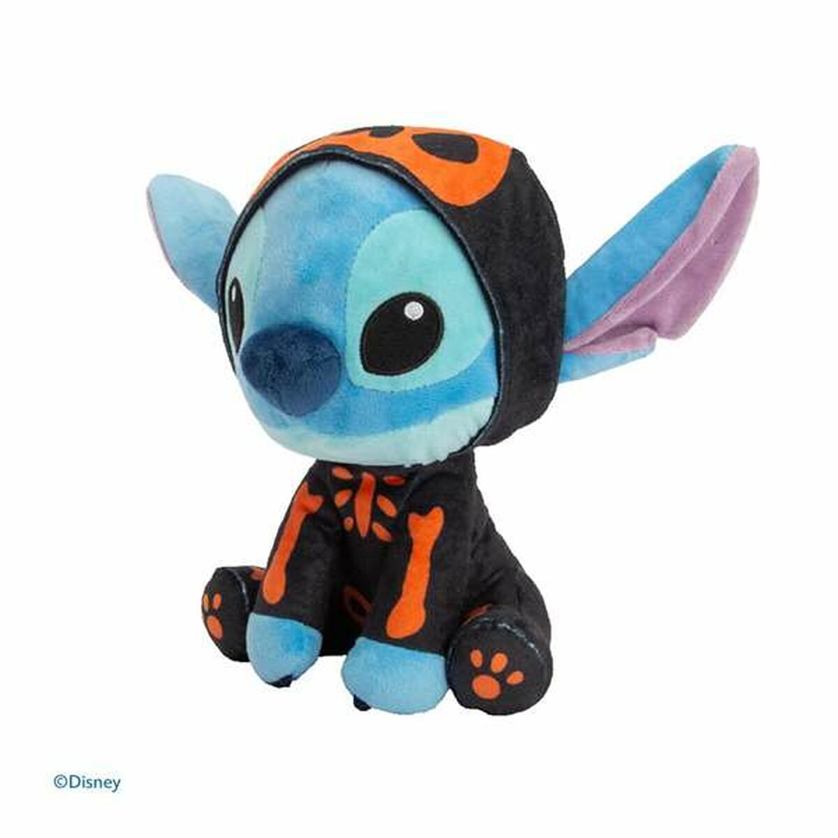 Blaues Stitch-Plüschtier, das ein schwarz-oranges Kostüm trägt. Stitch sitzt und lächelt.