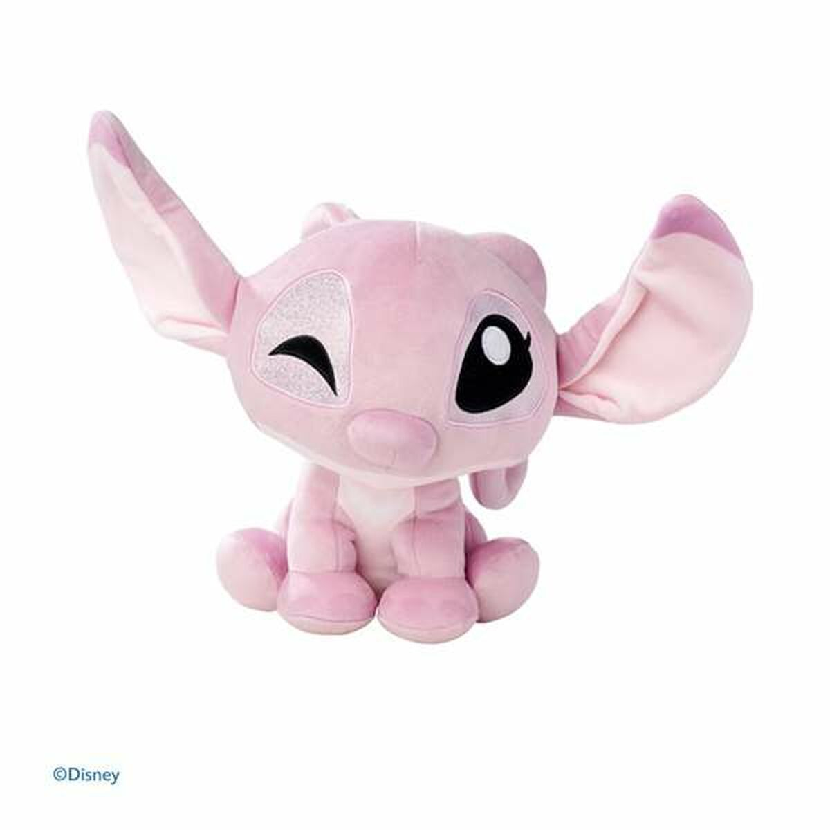 Peluche rosa di Angel. È una creatura rosa con grandi orecchie, seduta e che ammicca. Logo Disney.