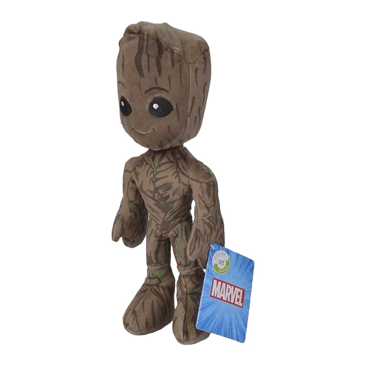 Groot-Plüschtier, braun mit Details, Marvel-Etikett.