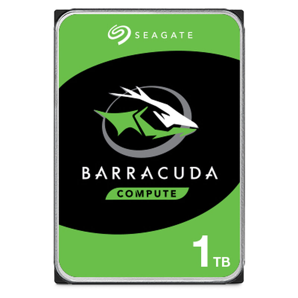 Un disco rigido Seagate Barracuda Compute da 1 TB con design verde e nero, etichetta da 1 TB.