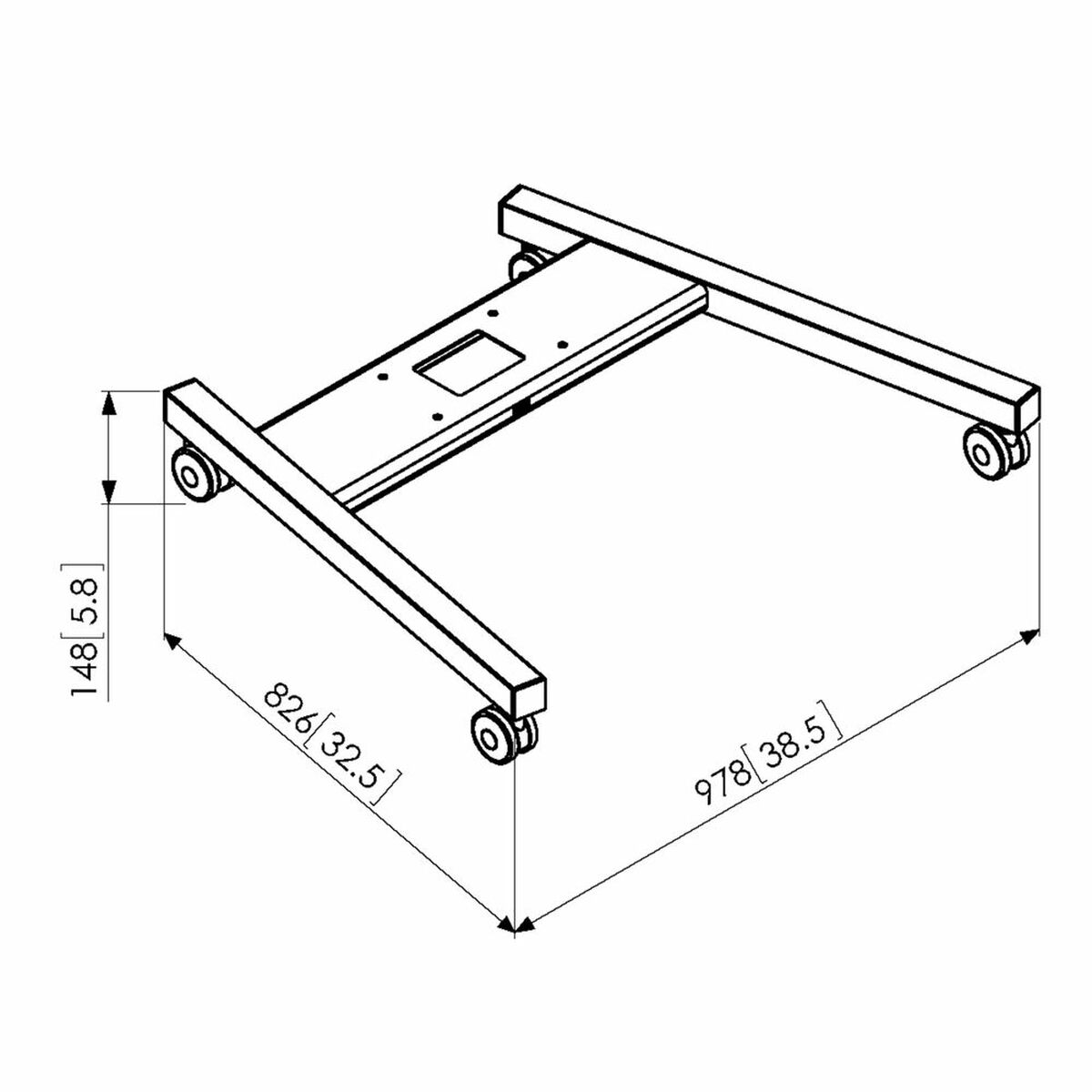 Diagramm eines schwarzen Metallständers mit Abmessungen und Beschriftungen, zur Geräteunterstützung.