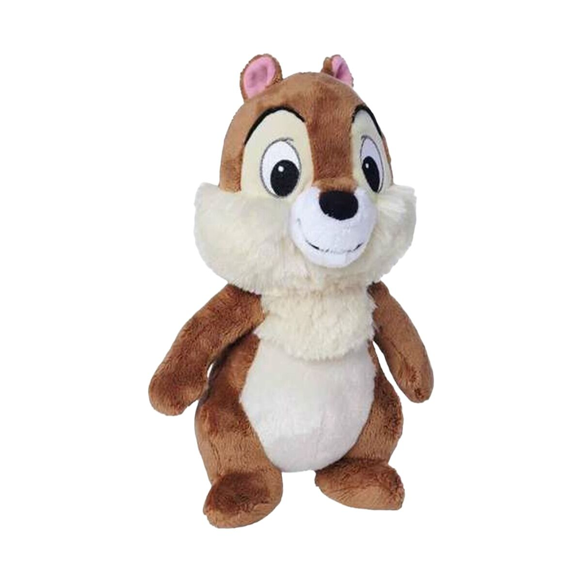 Chipmunk-Plüschtier mit braunem Fell, weißem Bauch und großen Augen, auf weißem Hintergrund.
