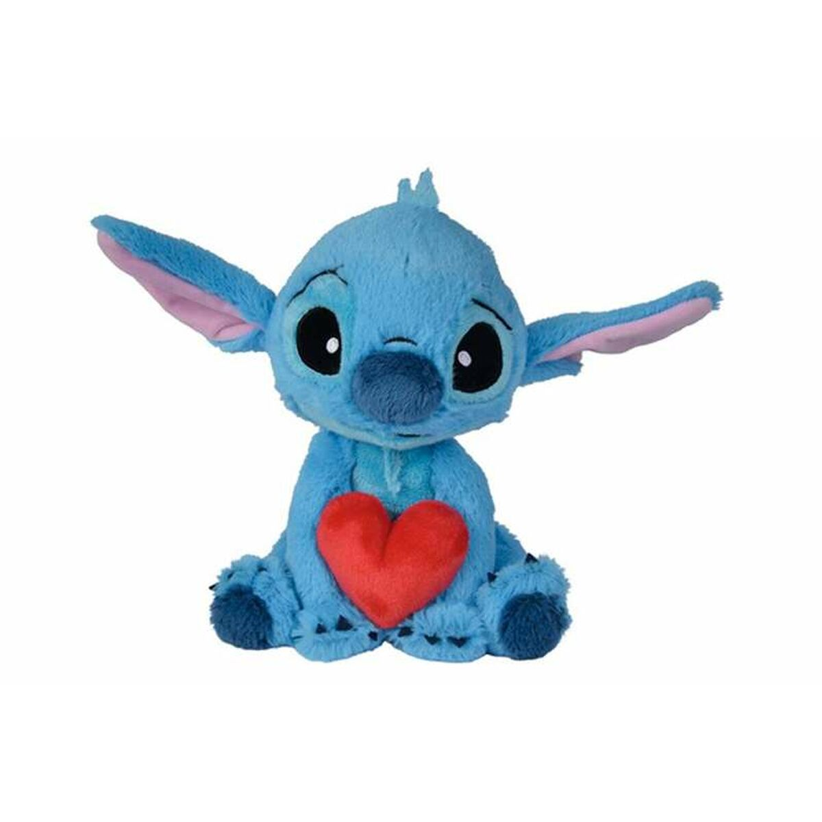 Blaues Stitch-Plüschtier mit rotem Herzen. Es sitzt mit ausgebreiteten Armen und Beinen.