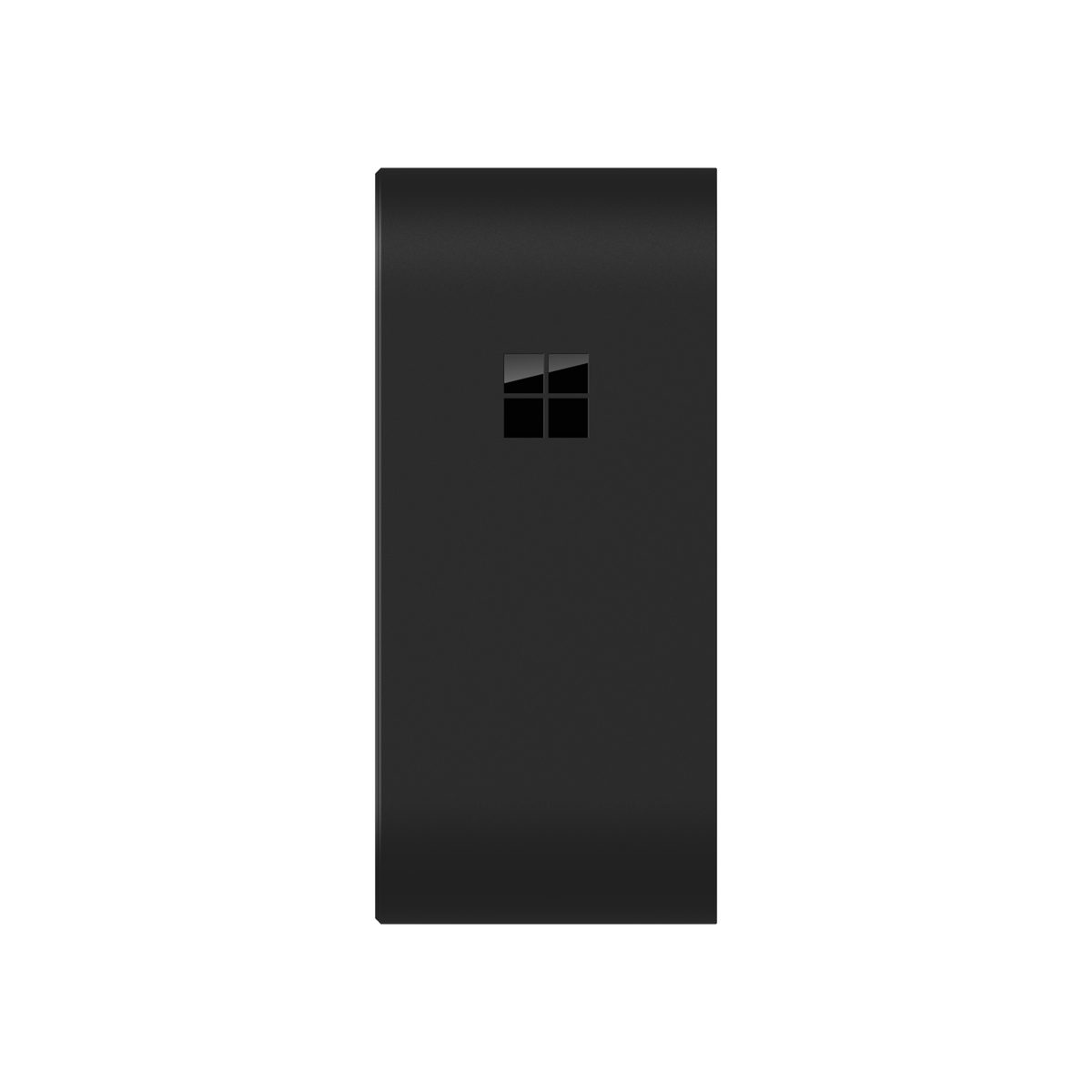 Un dispositivo Microsoft Surface nero con un logo, su sfondo nero.