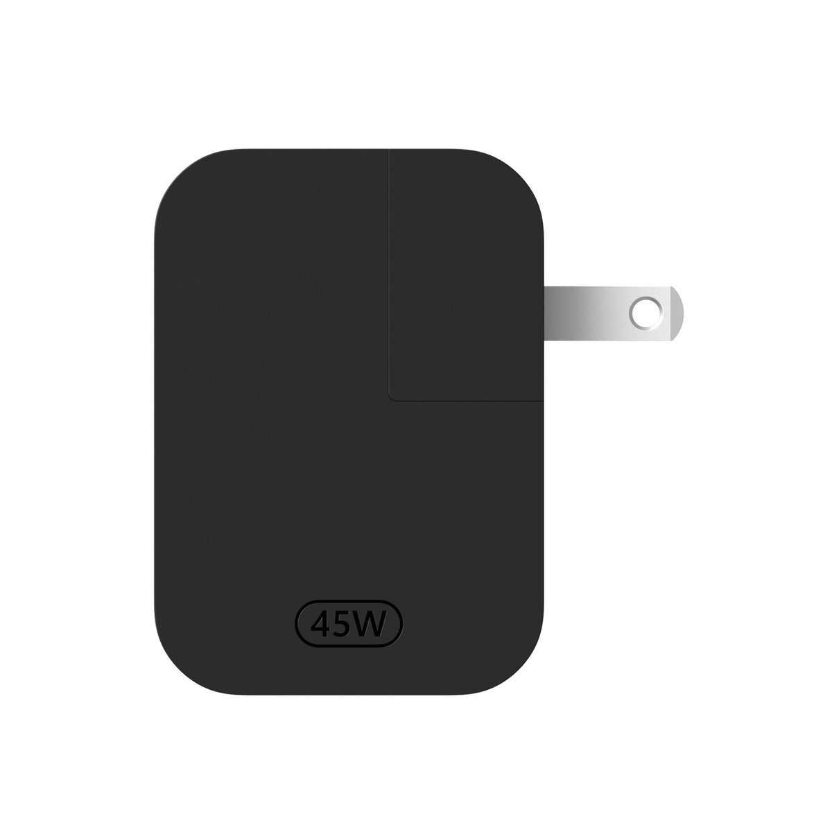 Cargador de pared negro de 45W con diseño rectangular y enchufe plateado.