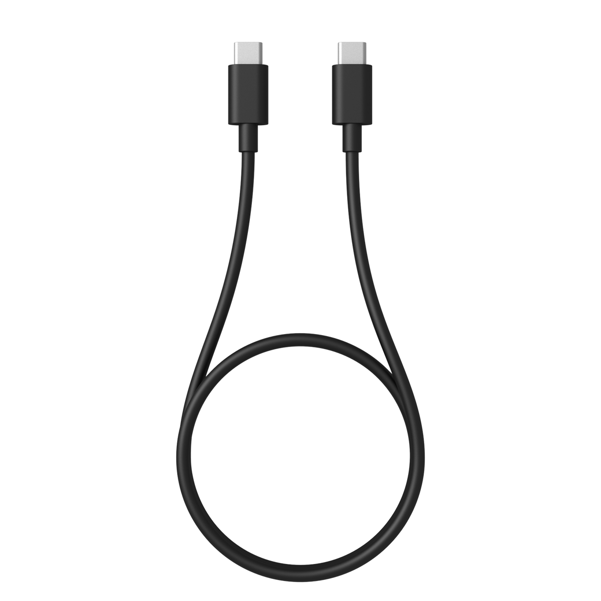 Cable USB-C negro. Dos conectores USB-C en cada extremo, con un cable circular en el medio.