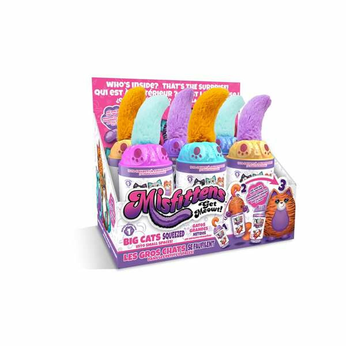 Eine Anzeige von katzenförmigen Spielzeugen in einer Box, mit bunten Oberteilen und einem 'Misfittens'-Logo.