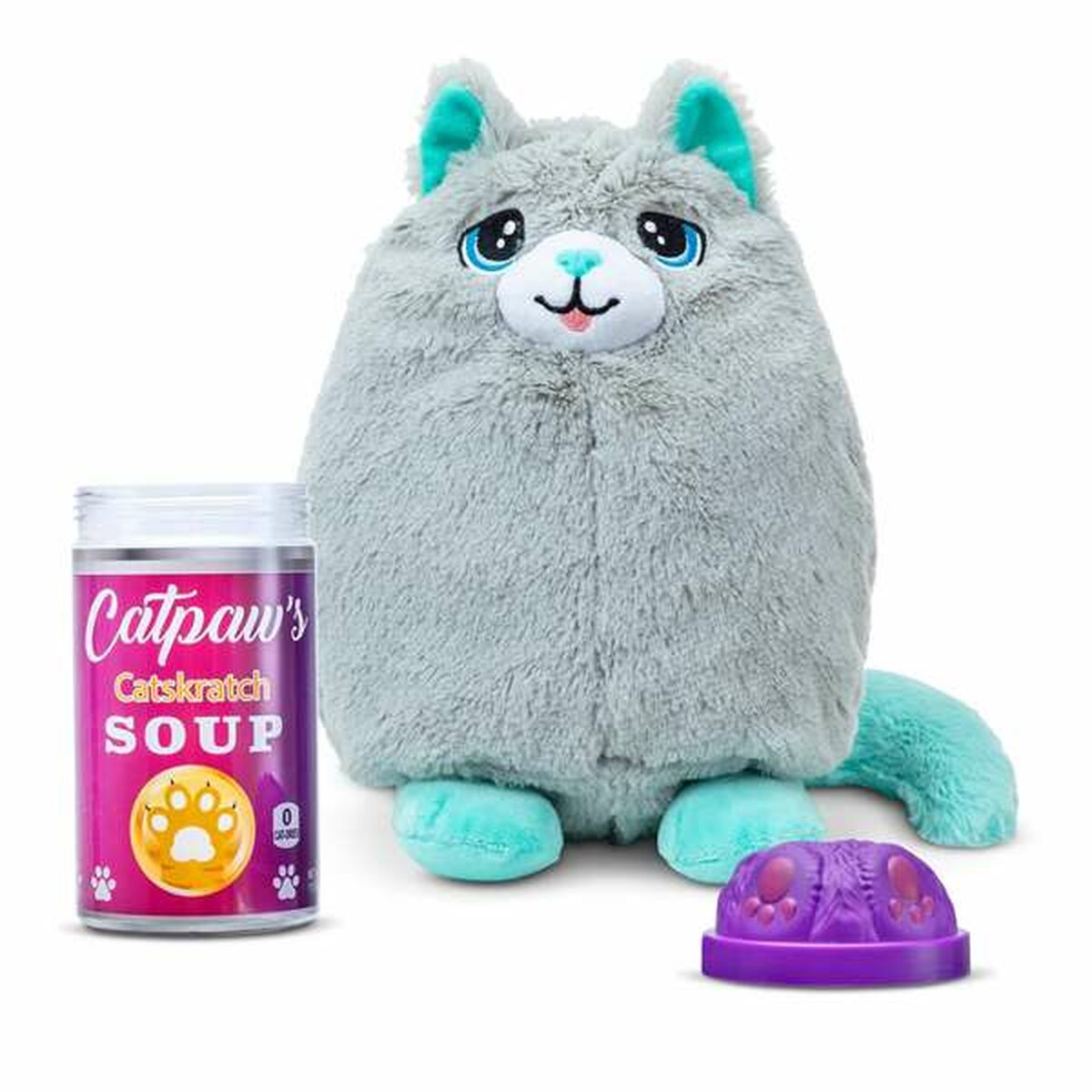 Ein graues Katzen-Plüschtier mit einer Dose Katzensuppe und einer lila Schüssel daneben.