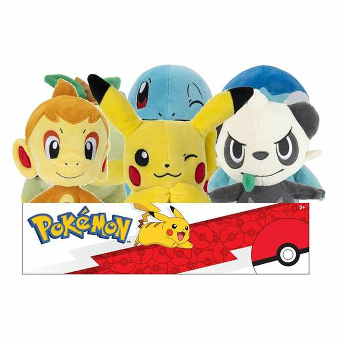 Eine Sammlung von Pokémon-Plüschtieren, darunter Pikachu, Schiggy und andere, mit einem Pokémon-Banner darunter.