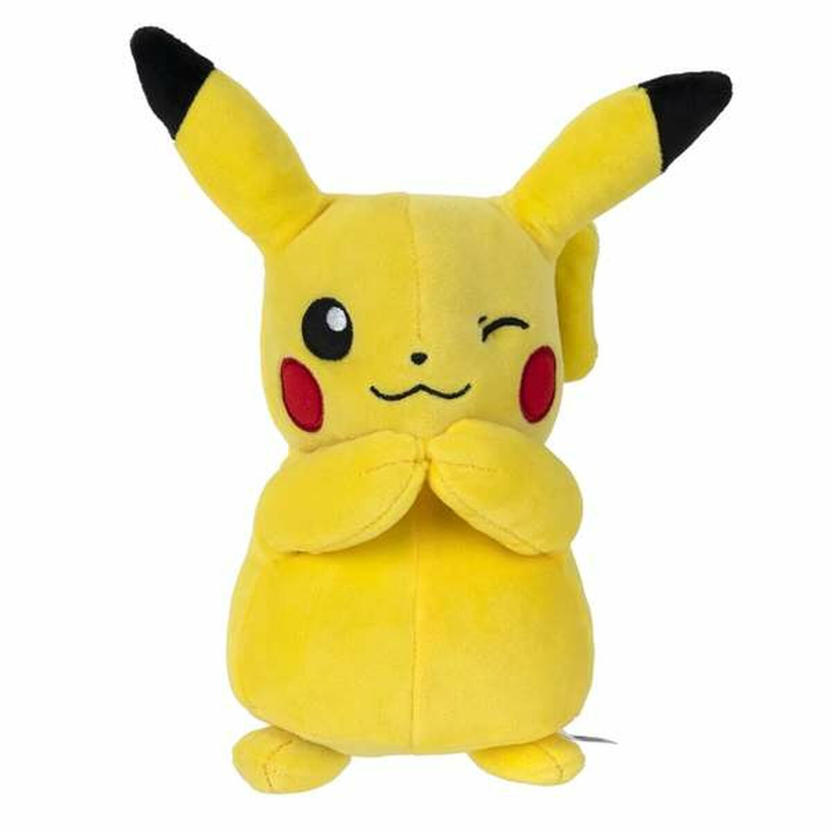 Gelbes Pikachu-Plüschtier mit schwarzen Ohren und roten Wangen, zwinkernd.