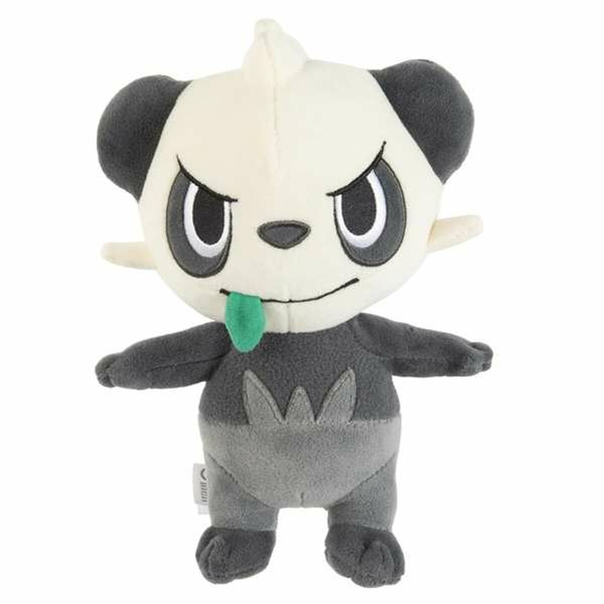 Schwarz-weißes Plüsch-Panda-Spielzeug mit herausgestreckter grüner Zunge.