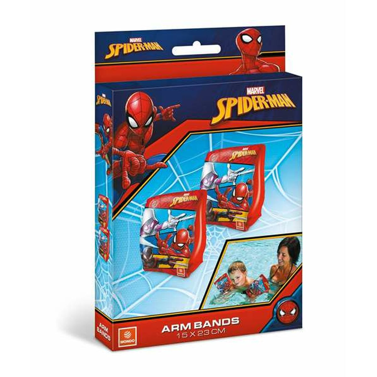 Box-Set von Spiderman-Armbändern. Zeigt Spiderman in Aktion, mit schwimmenden Personen.