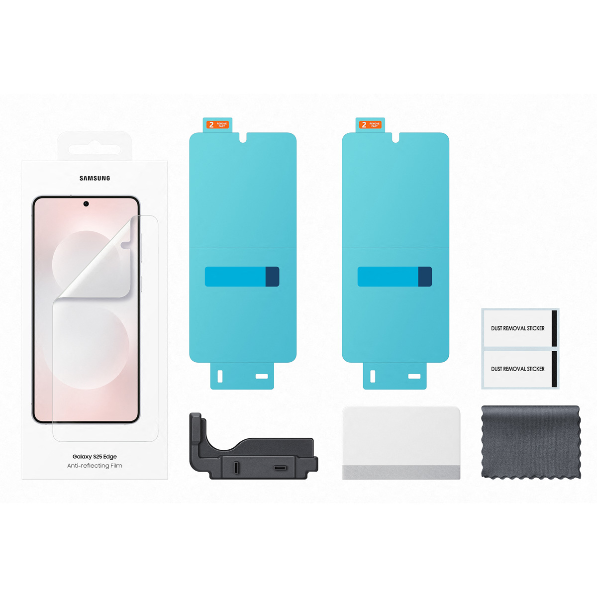 Confezione di pellicola antiriflesso Samsung Galaxy S25 Edge, con accessori come adesivi e una spatola.