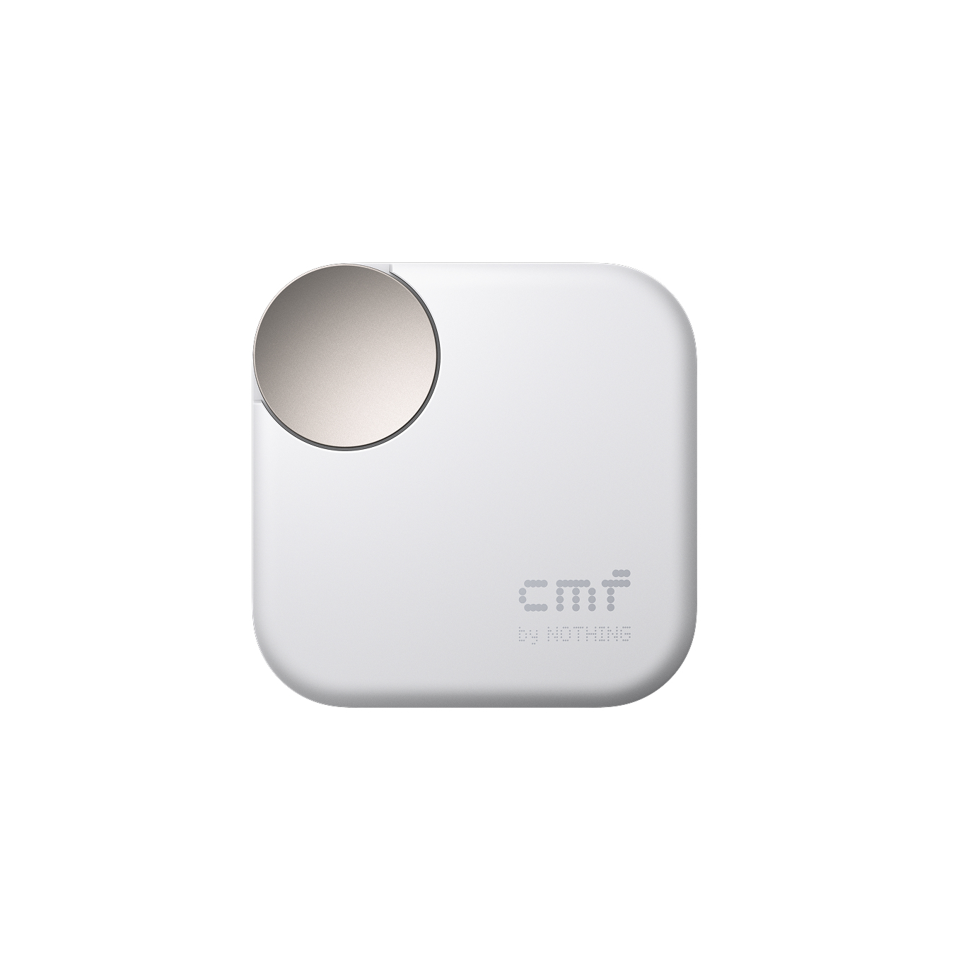 Białe kwadratowe urządzenie ze srebrnym okręgiem. Ma tekst 'cmf by NOTHING'.