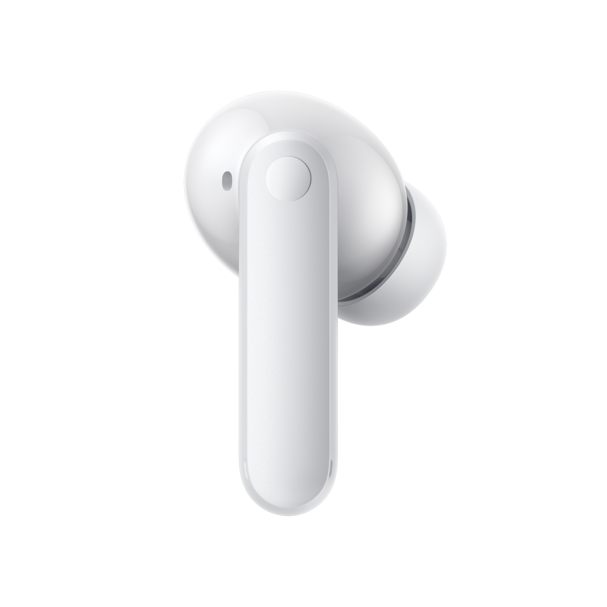 Biała bezprzewodowa słuchawka. Ma długą nóżkę i zaokrągloną słuchawkę.