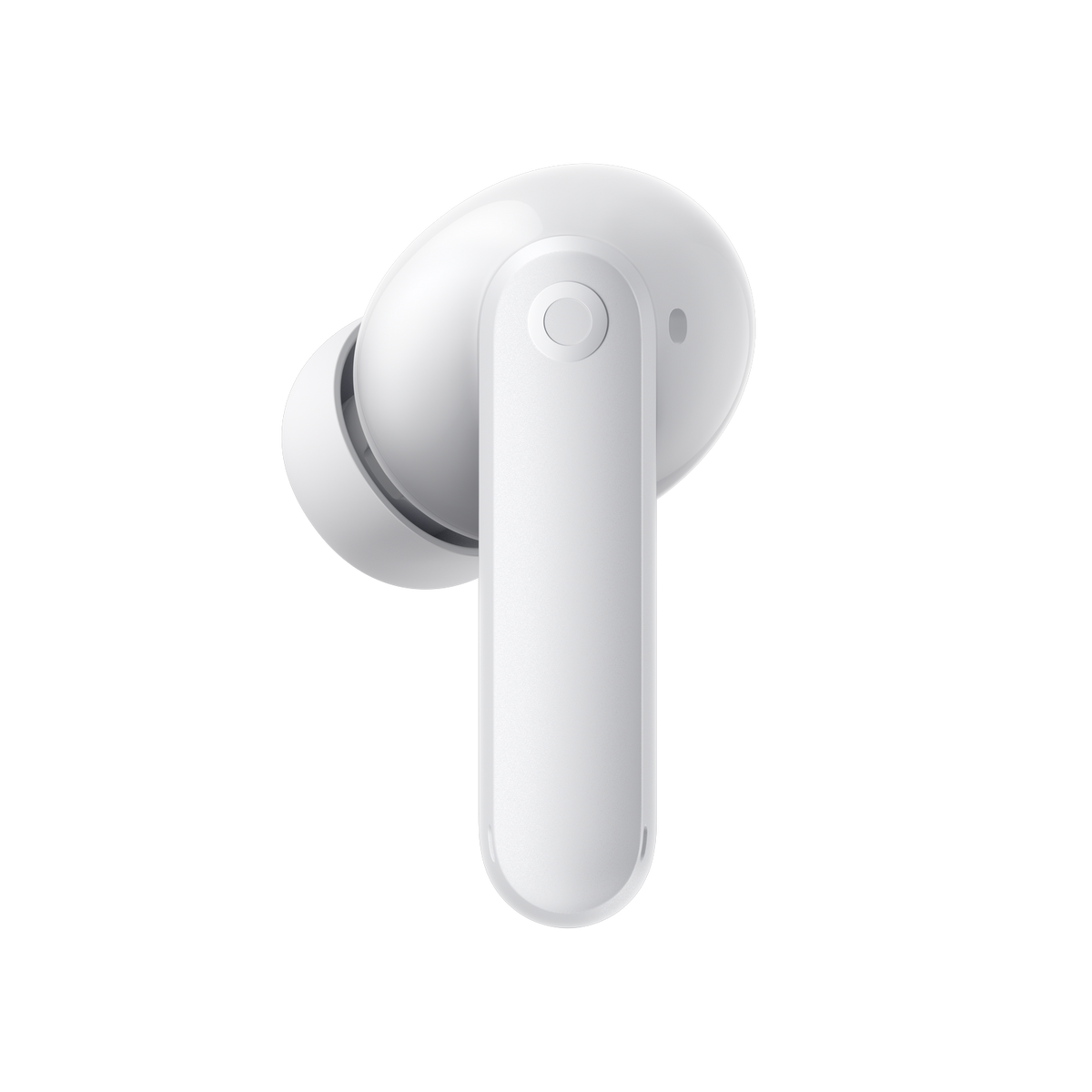 Biała bezprzewodowa słuchawka. Ma długą nóżkę i zaokrągloną słuchawkę.