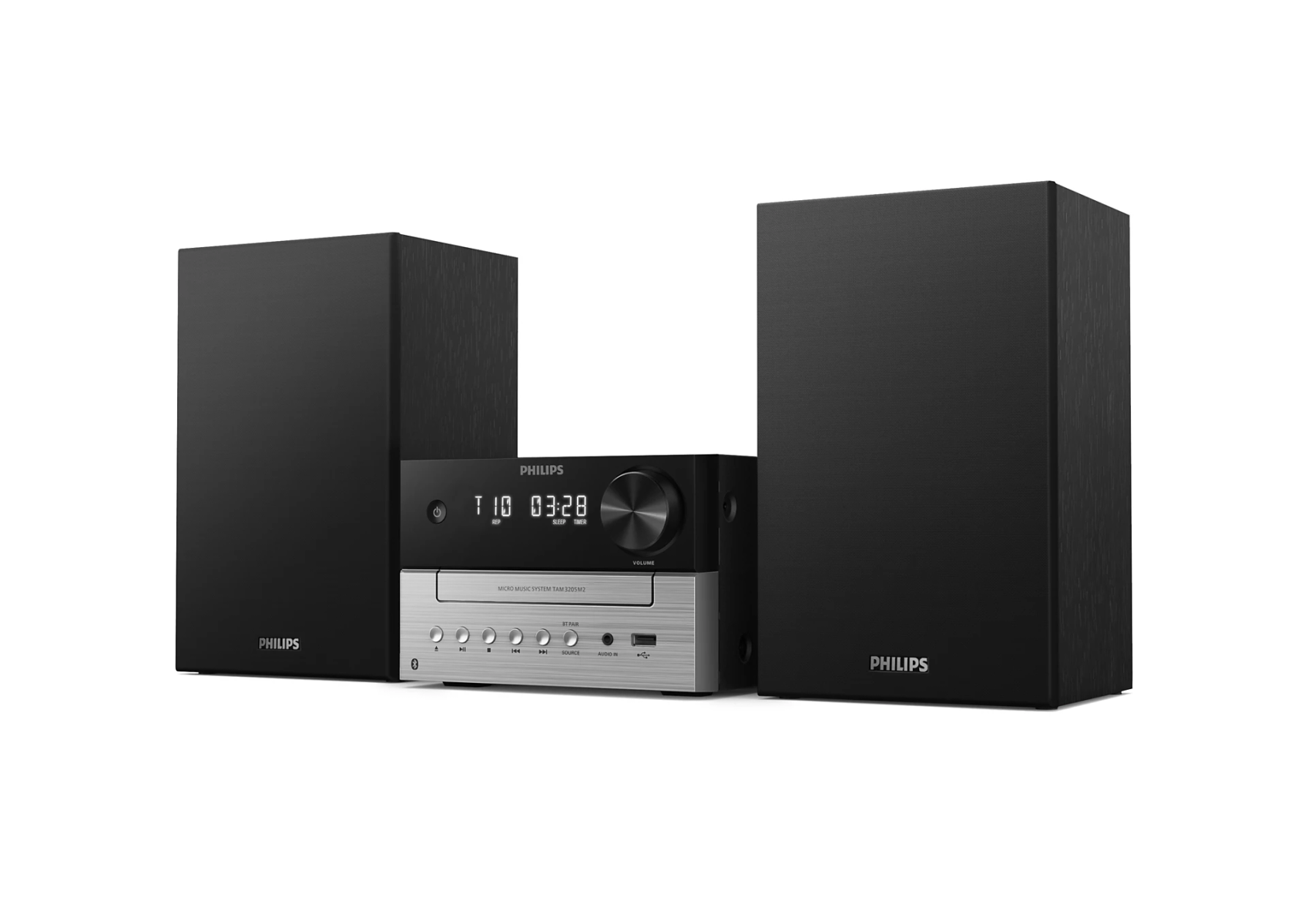 System stereo z dwoma czarnymi głośnikami, czarną jednostką centralną i srebrnym odtwarzaczem CD na białym tle.