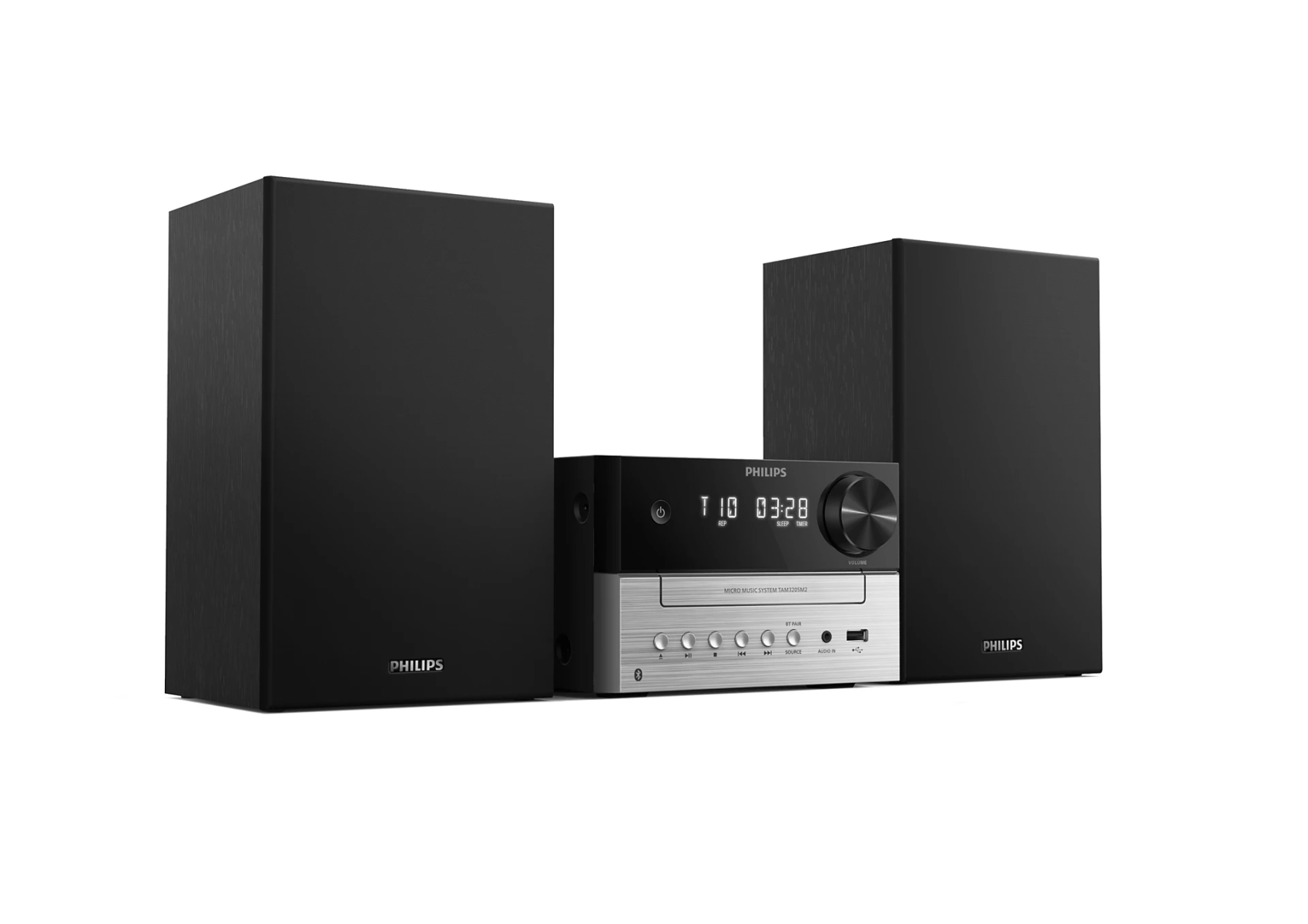 Czarny zestaw stereo z głośnikami. Czarny zestaw stereo i dwa czarne głośniki na białym tle.