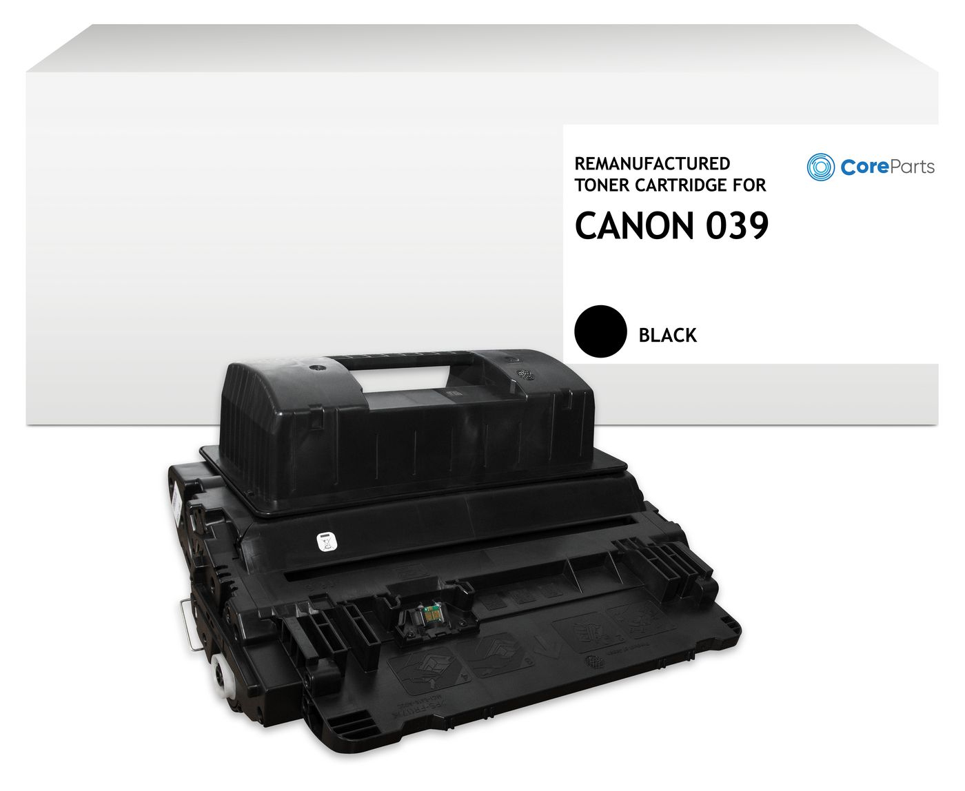 Cartuccia toner, nera, rigenerata, per Canon. Sfondo bianco con scatola bianca.