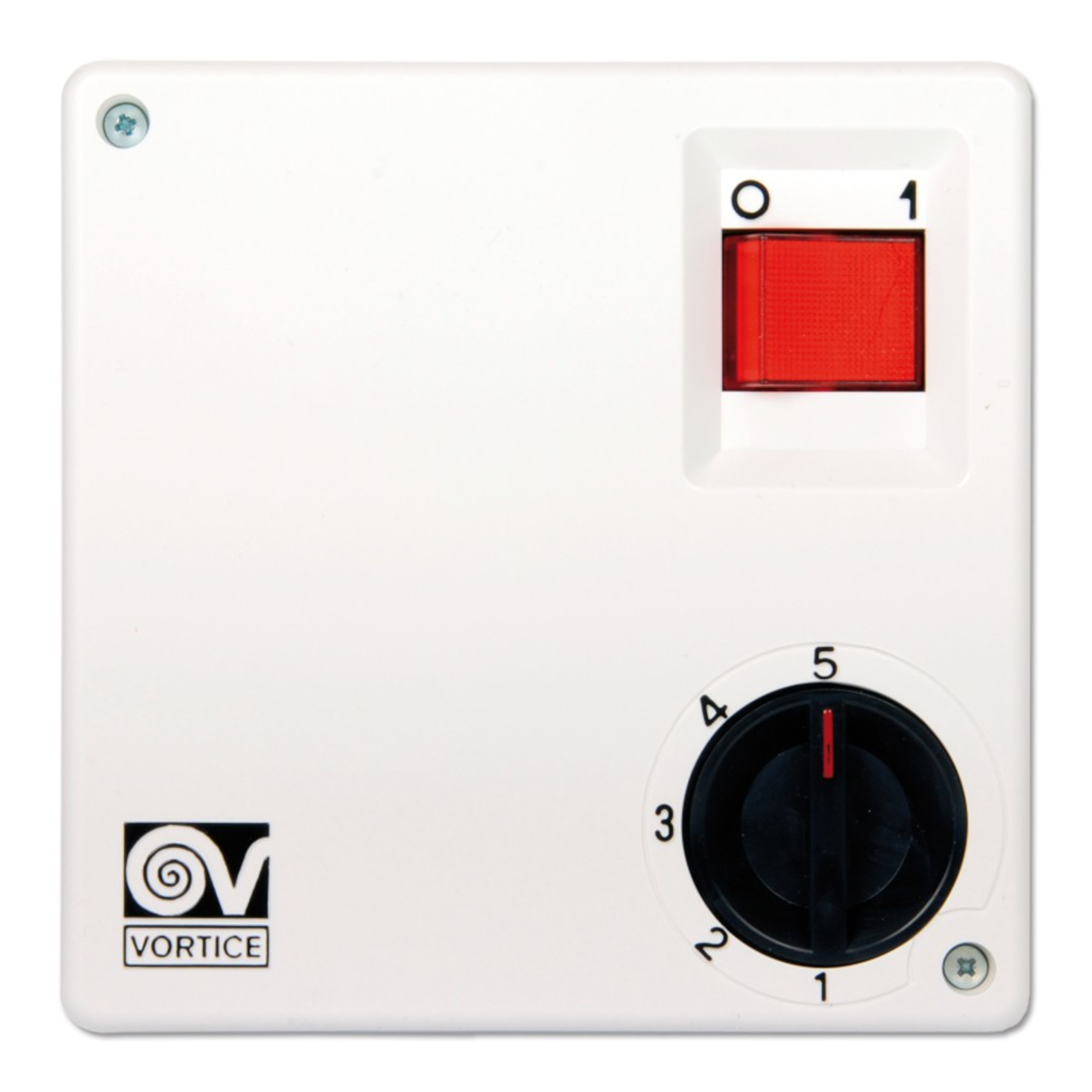 Interruttore quadrato bianco con pulsante rosso e quadrante.