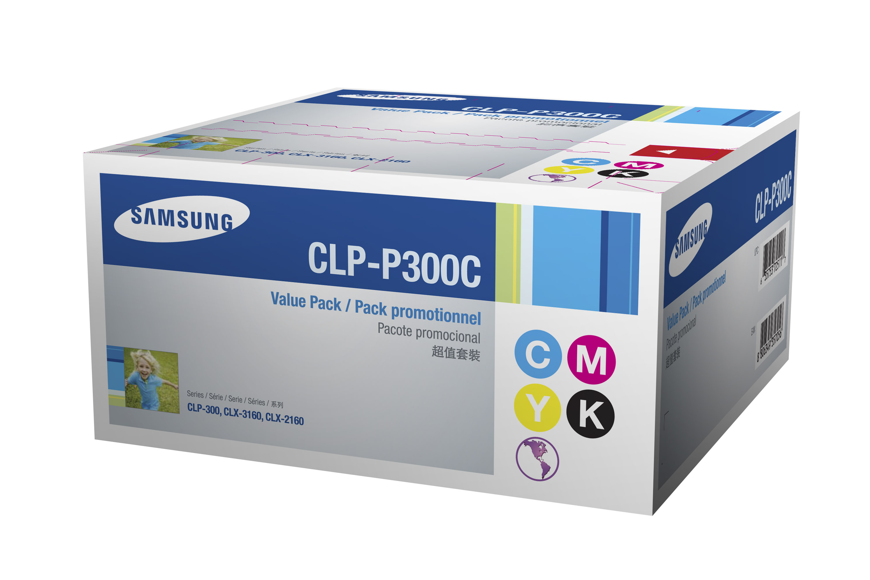 Caja de cartuchos de t óner. Texto: CLP-P300C. Value Pack/Pack promotionnel.