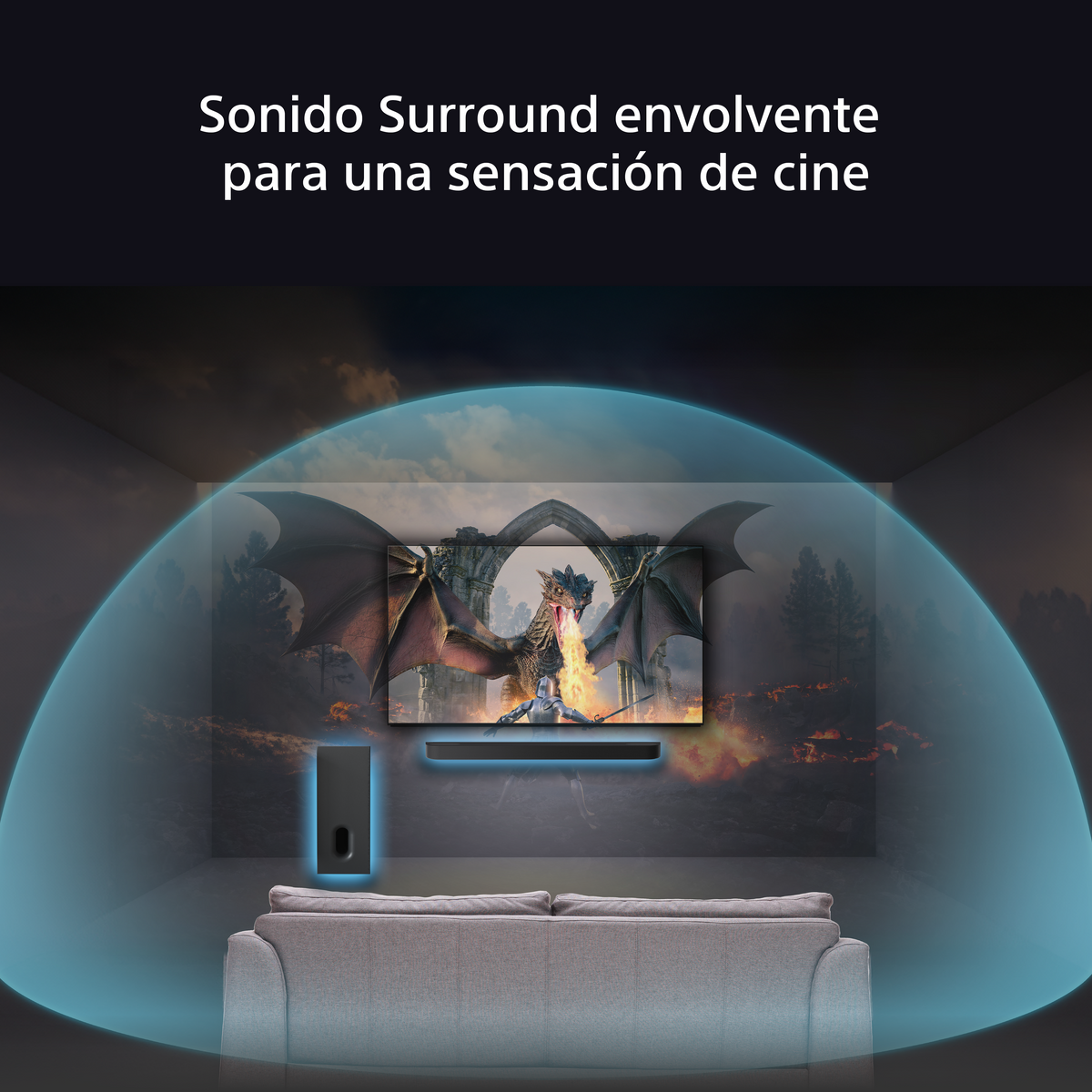 Raum mit TV an der Wand und Soundbar. Text: Immersiver Surround-Sound für Kino-Feeling.