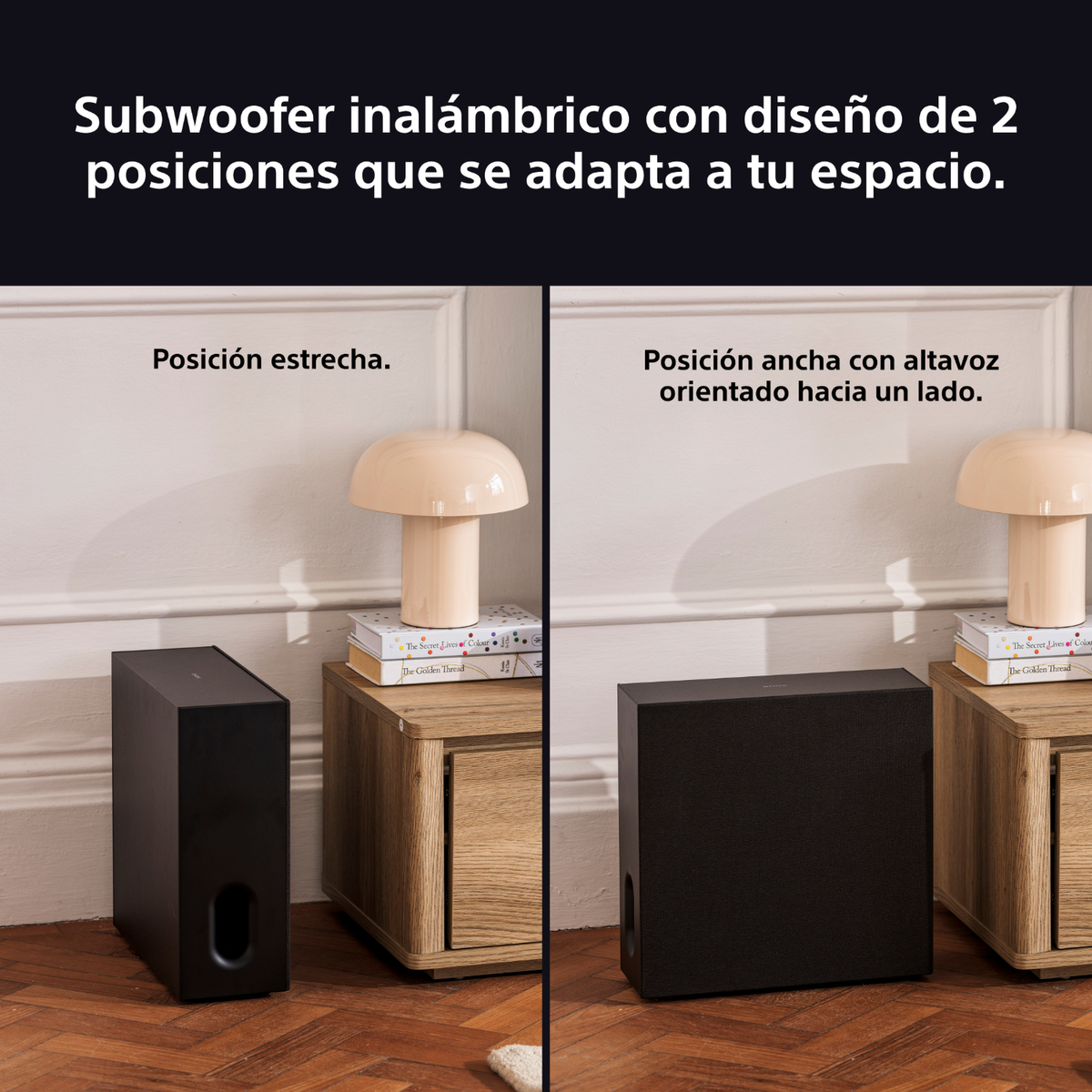 Zwei Bilder eines Subwoofers. Eine schmale Position, eine breite Position mit Lautsprecher nach vorne.