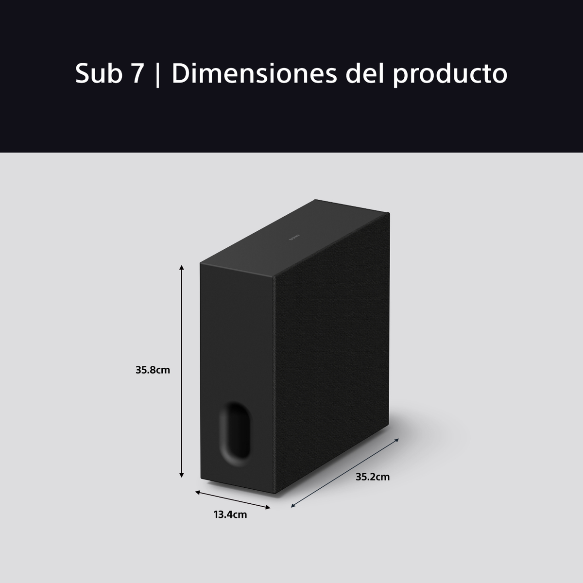 Schwarzer Subwoofer. Abmessungen sind angegeben. 35,8 cm hoch, 35,2 cm breit, 13,4 cm tief.