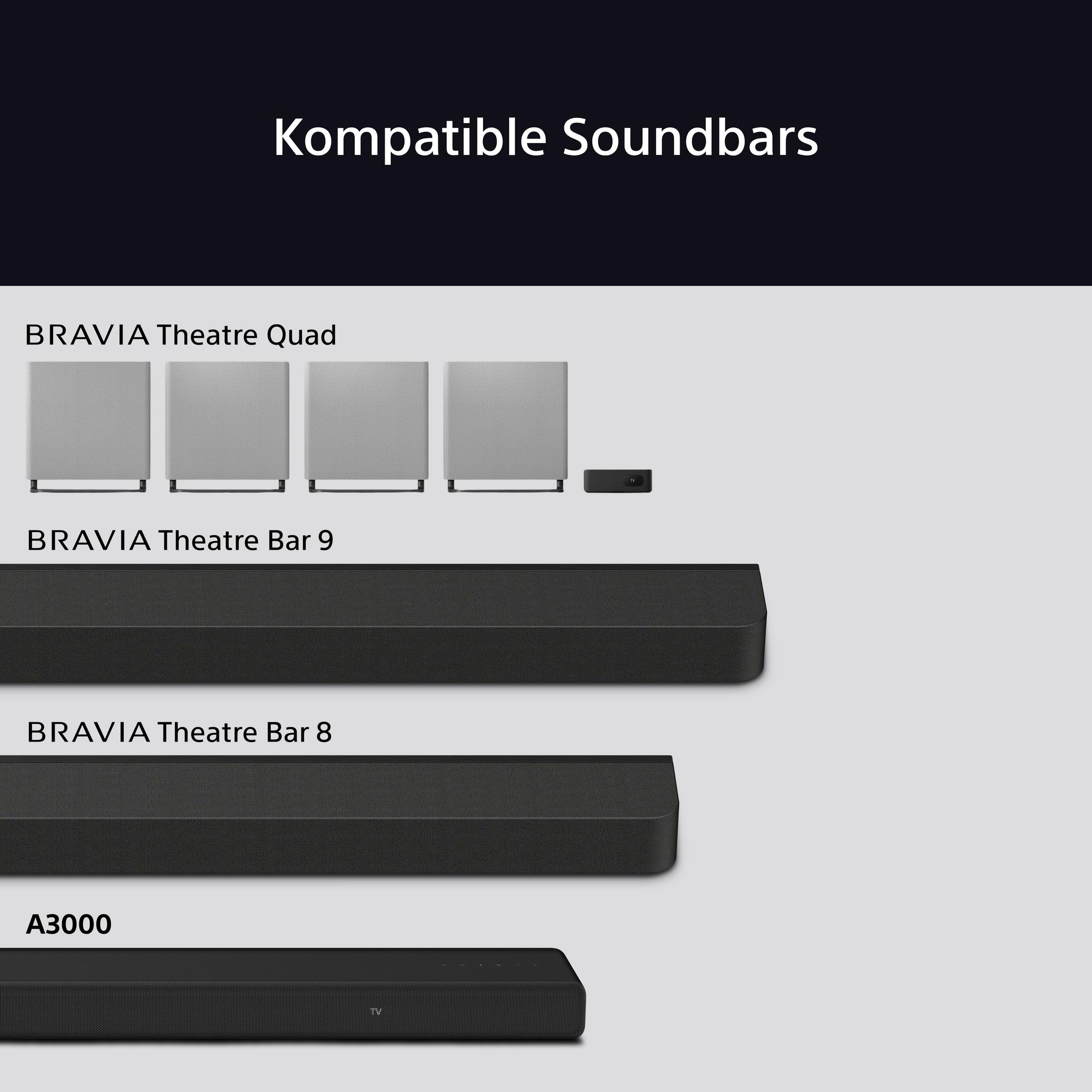 Vier Soundbars werden angezeigt, mit den Namen: BRAVIA Theatre Quad, BRAVIA Theatre Bar 9, BRAVIA Theatre Bar 8 und A3000.