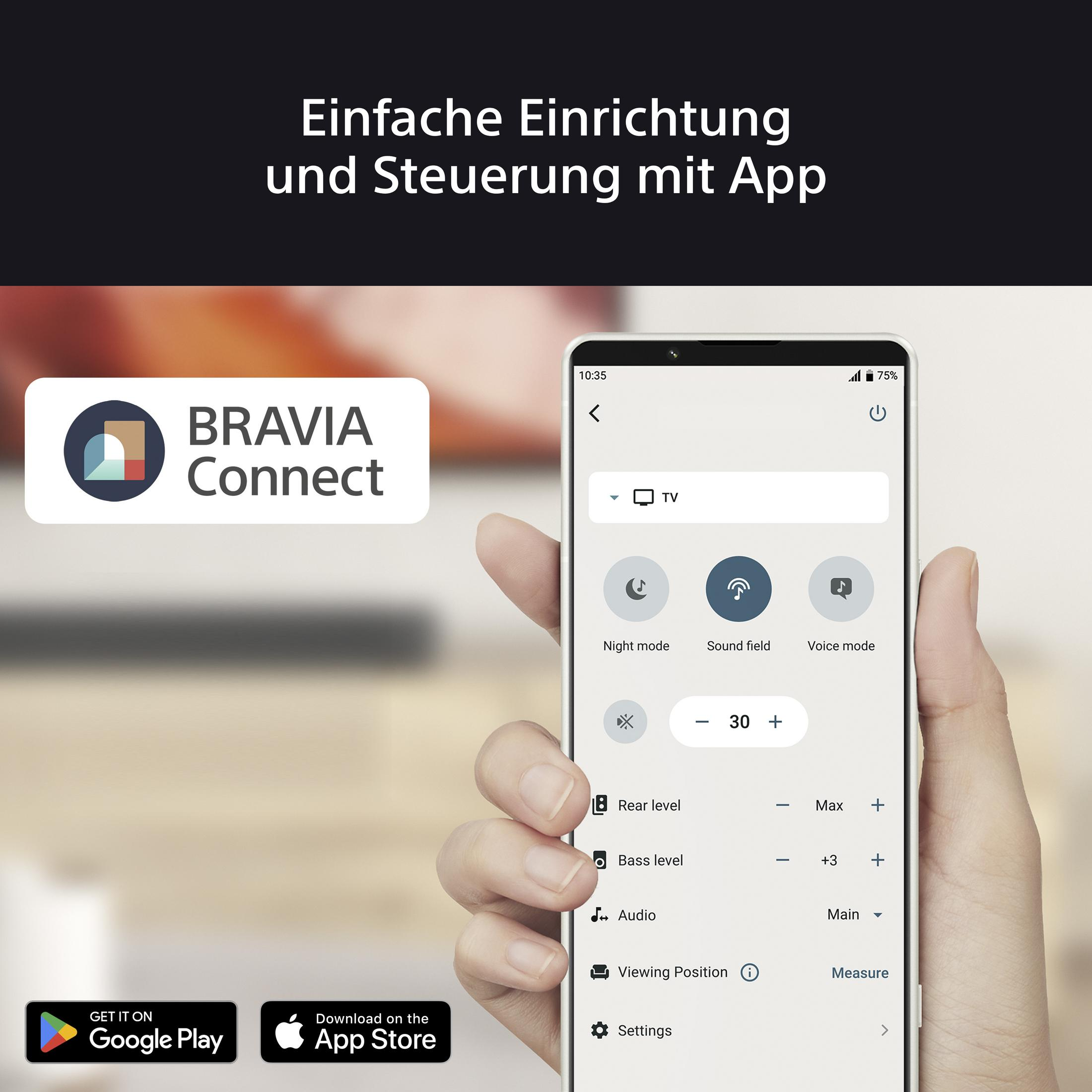 Eine Hand, die ein Smartphone hält. Telefon zeigt ein Bedienfeld für ein Soundsystem.