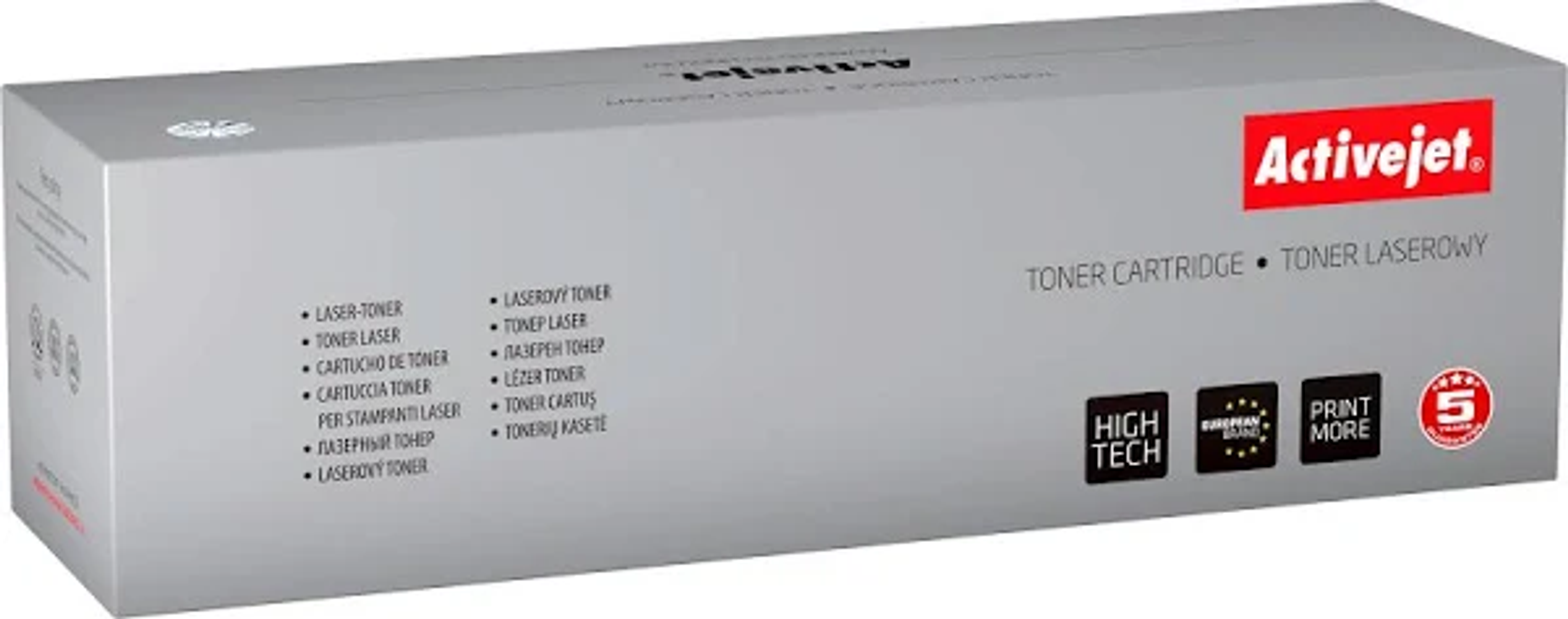 Szare pudełko Activejet. Tekst: Wkład z tonerem, High Tech, Drukuj więcej, 5 lat. Informacje o produkcie po lewej.
