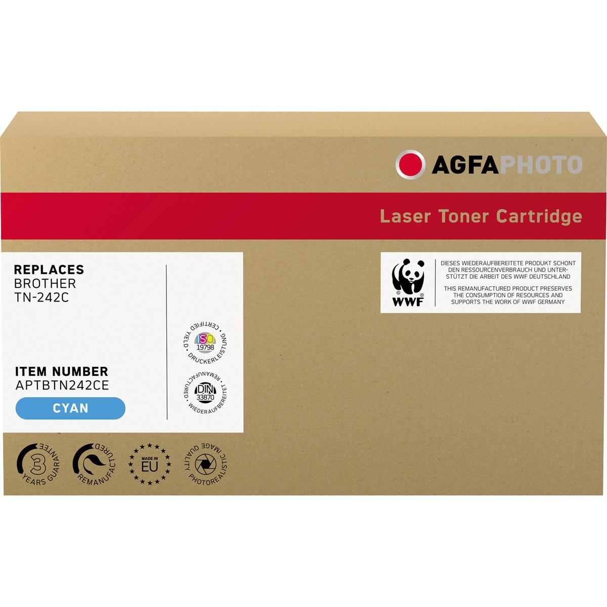 Scatola cartuccia toner laser ciano, sfondo marrone, con logo AgfaPhoto e logo WWF.