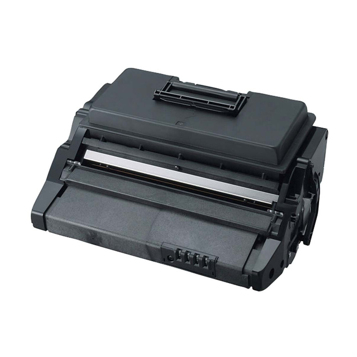 Cartuccia toner nera. È nera, con una barra argentata e una serie di serrature sul lato.