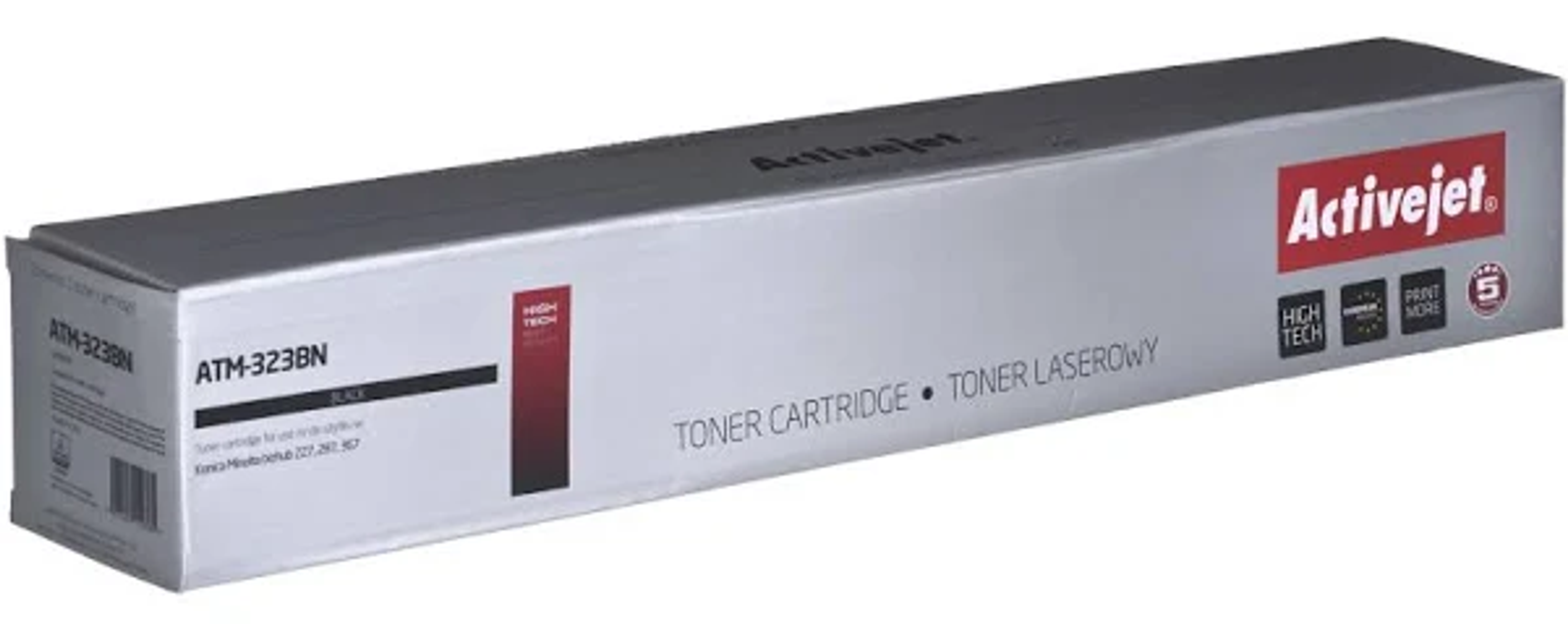 Srebrne pudełko z tonerem Activejet. Etykieta w kolorze czarnym.