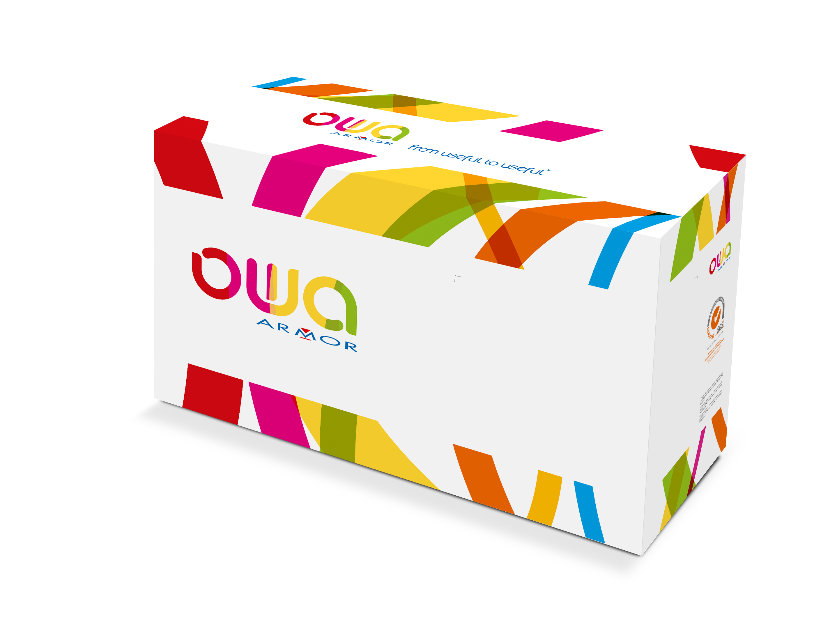 Caja de cartucho de tóner Owa Armor. Diseño colorido con texto.