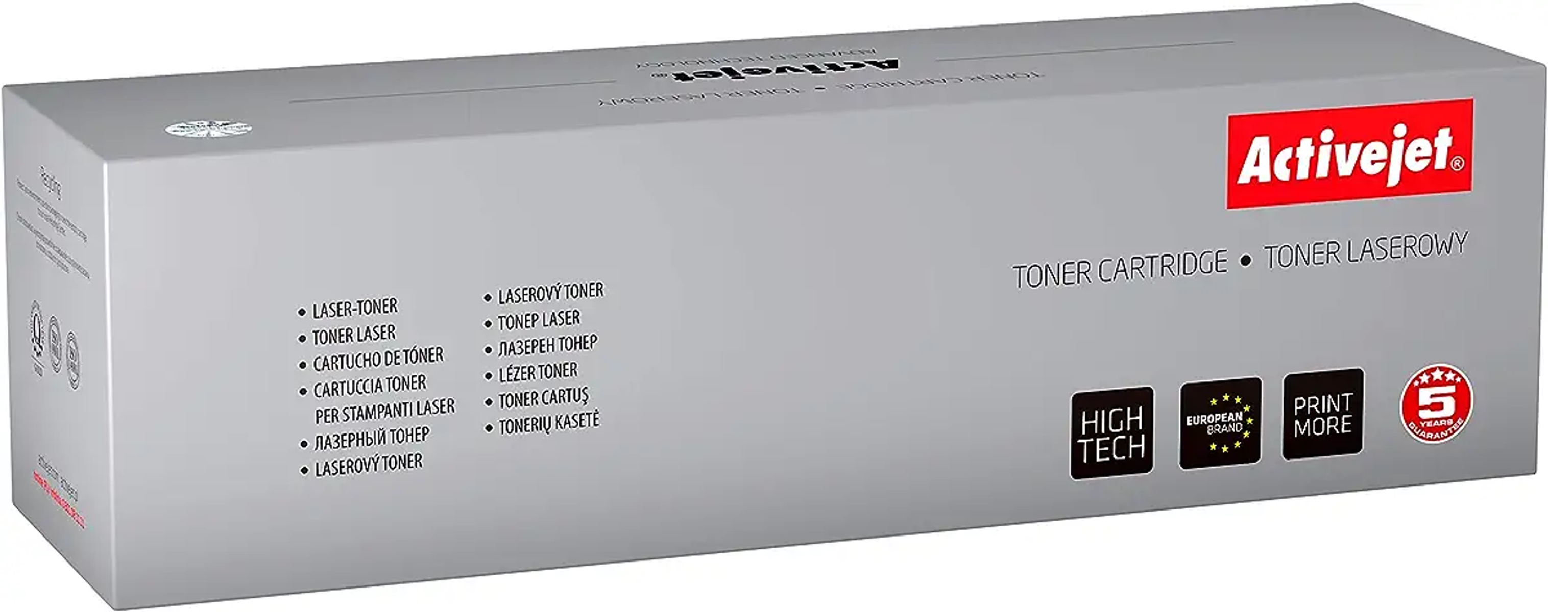 Srebrne pudełko z tonerem Activejet. Etykiety High Tech, European Brand.