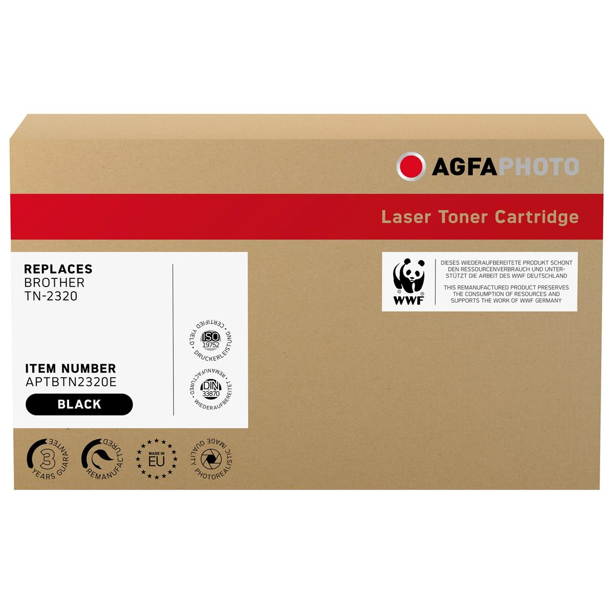Scatola marrone con testo rosso e bianco. Dice 'AGFA PHOTO' e 'Cartuccia toner laser'.