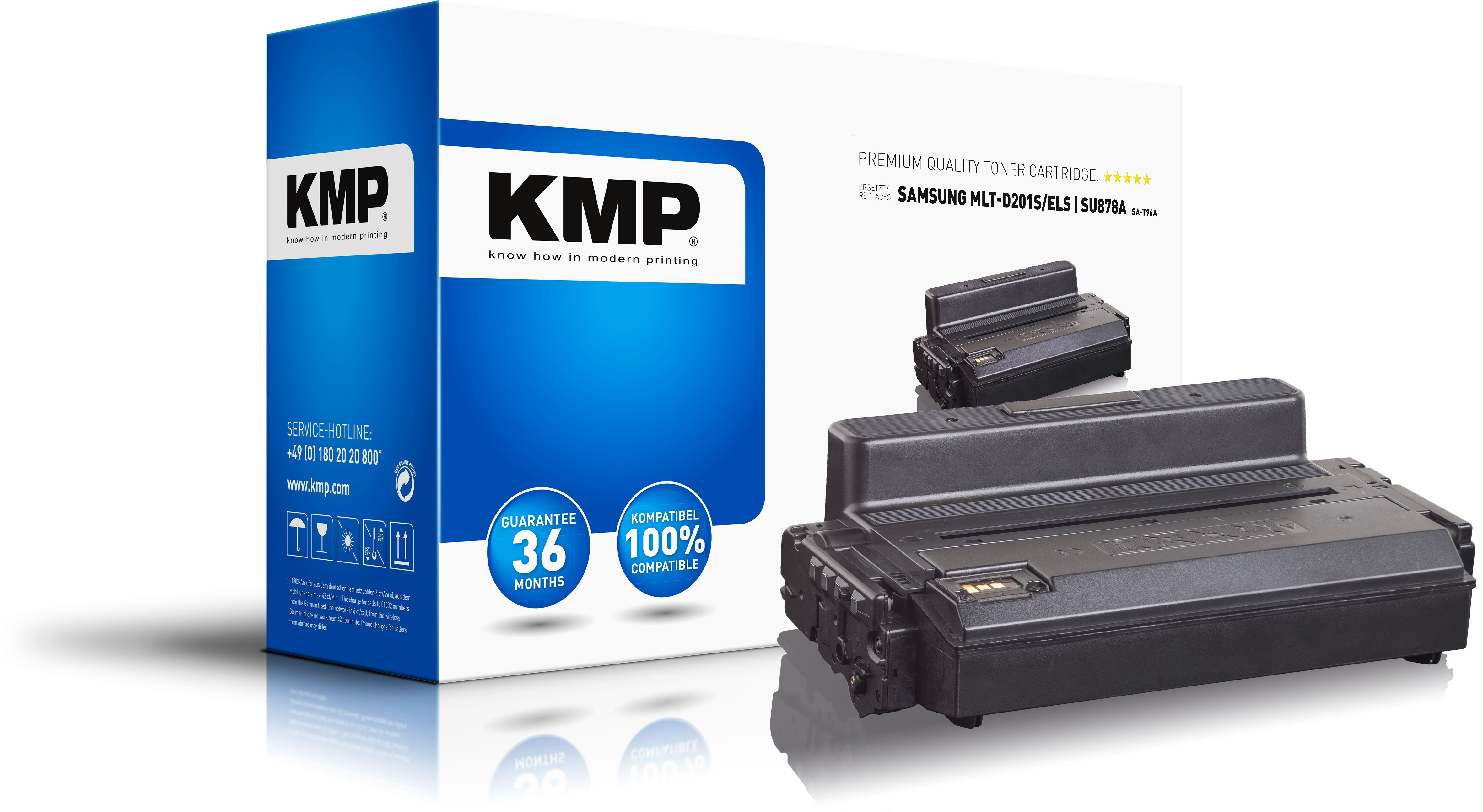 Cartuccia toner KMP in scatola blu. Cartucce toner nere in primo piano.