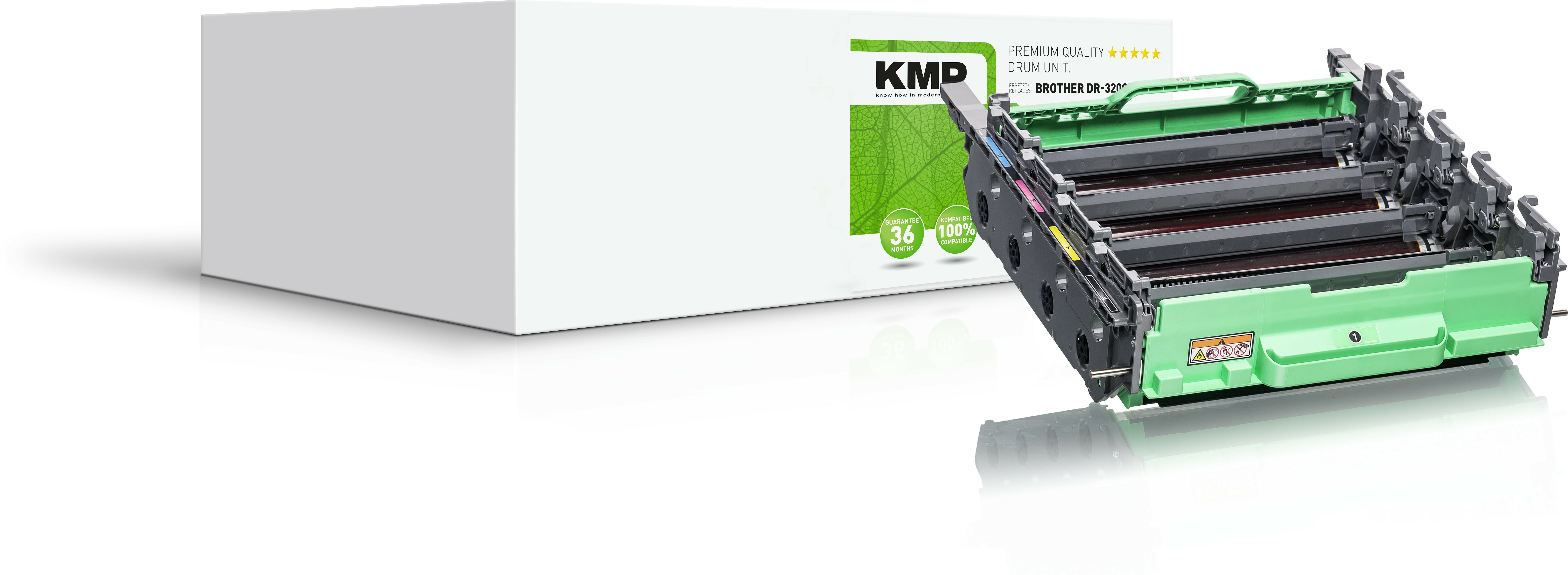 Scatola e unità tamburo KMP. L'unità tamburo è verde e nera.
