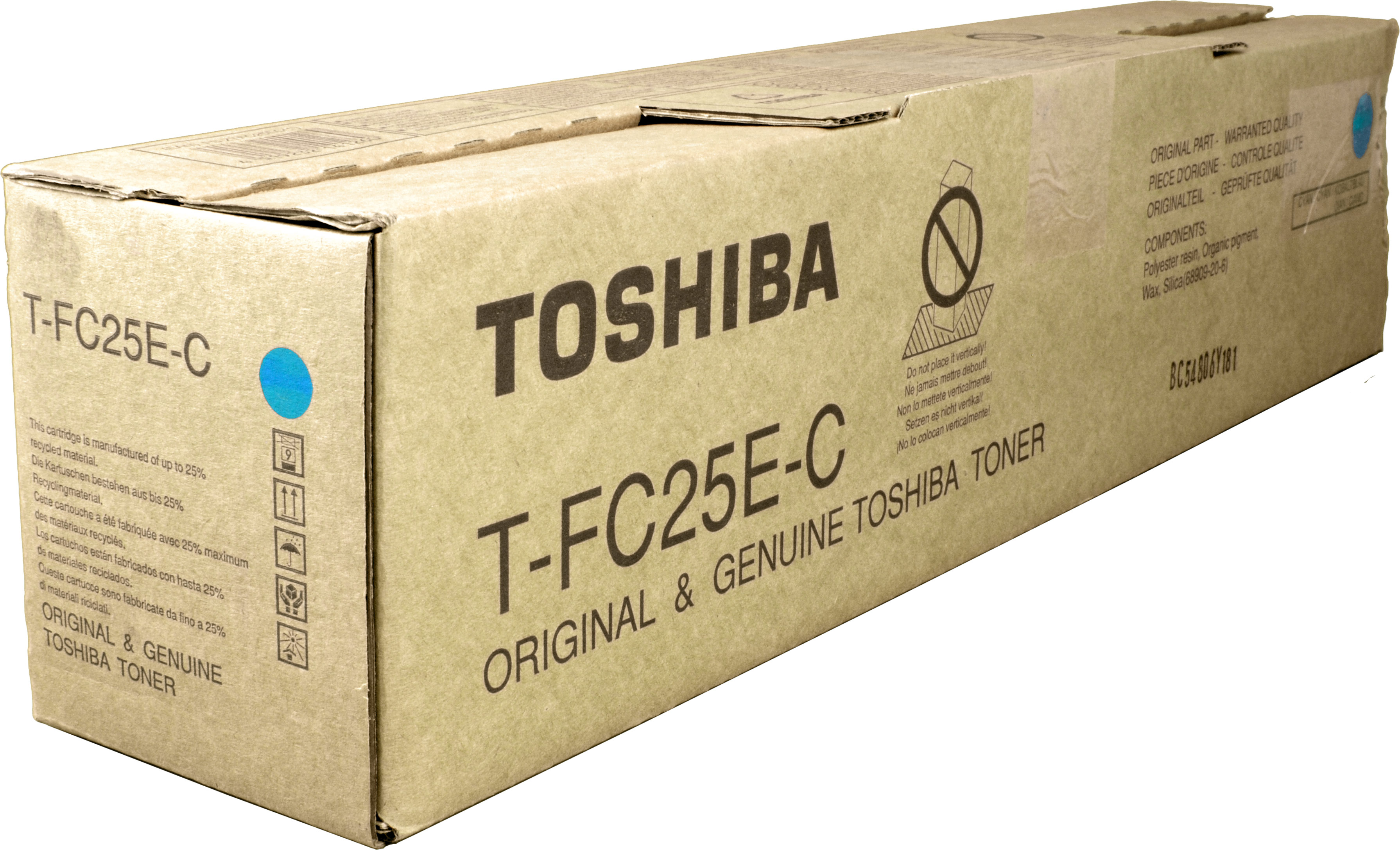 Scatola toner Toshiba, marrone, con testo e cerchio blu.