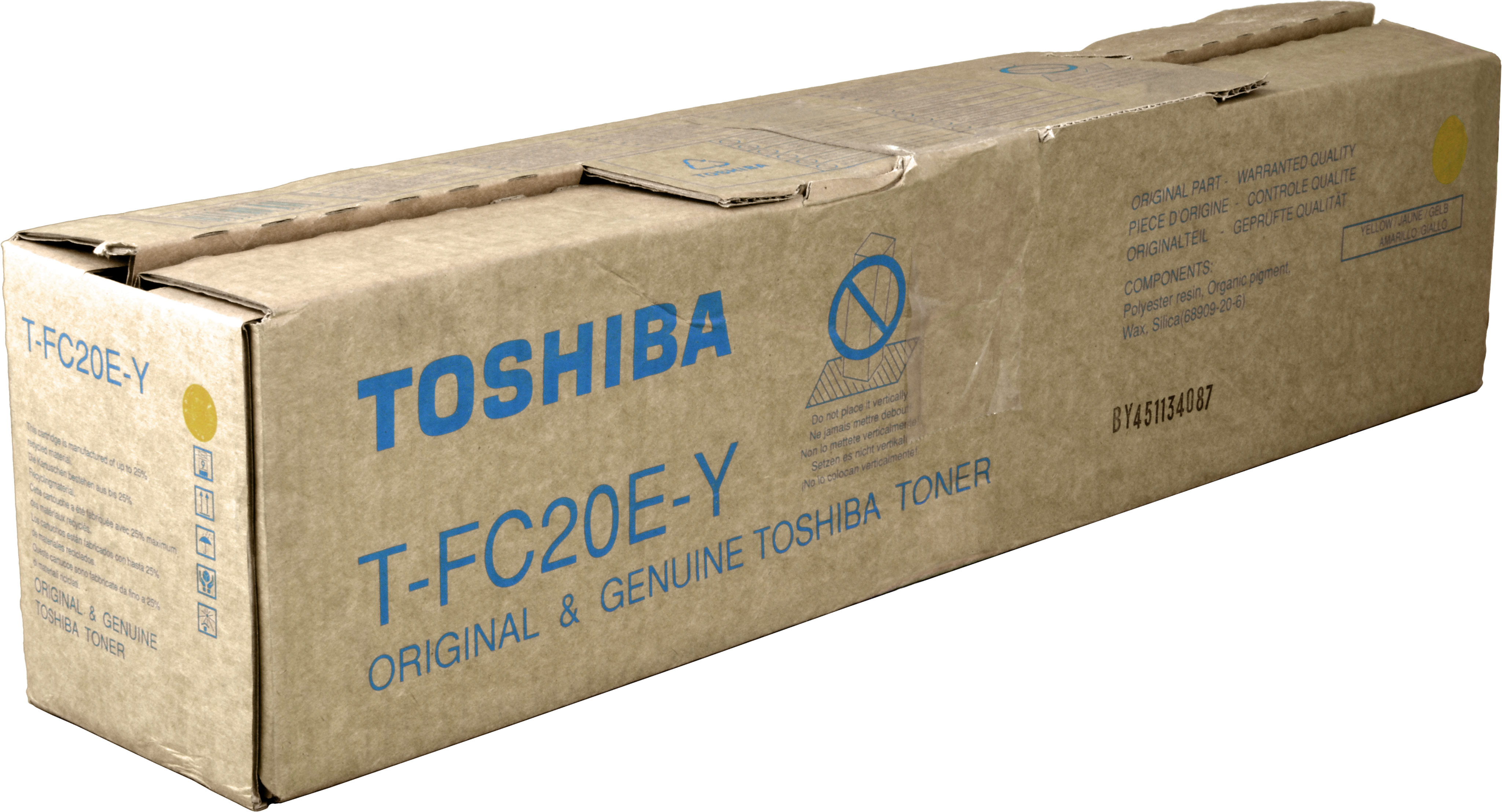 Scatola toner Toshiba. Marrone con testo e informazioni sul prodotto.