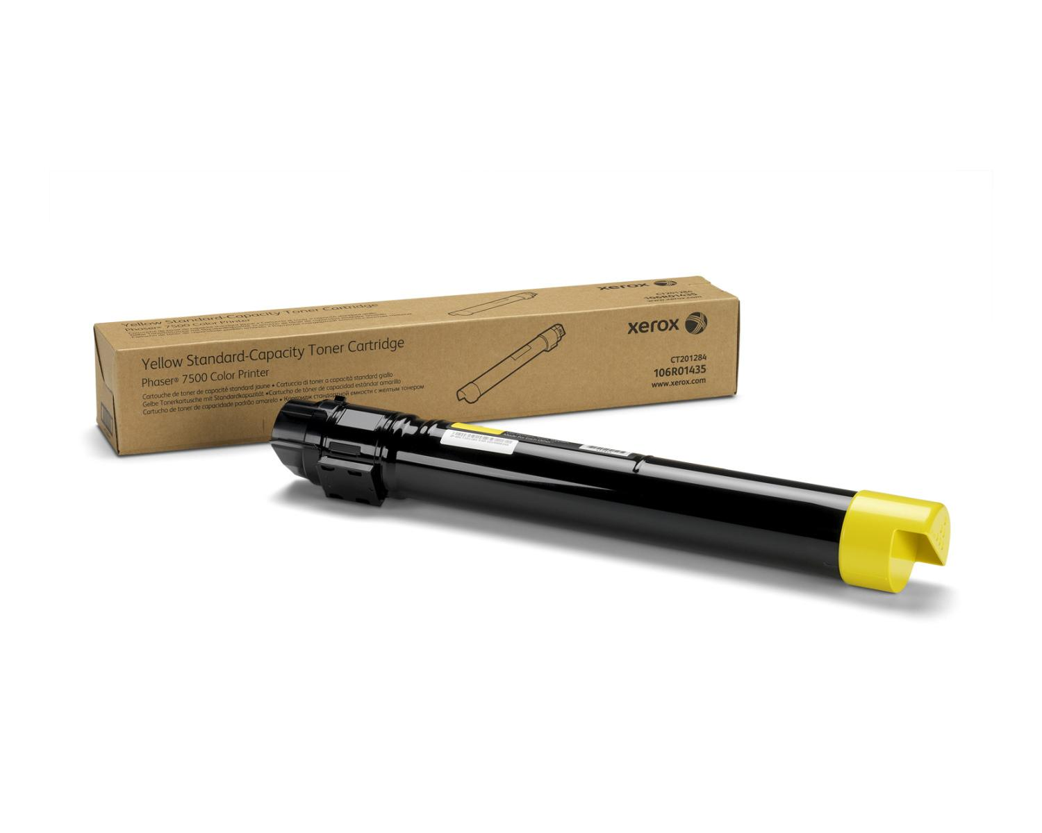 Cartuccia toner Xerox e scatola. Cartuccia nera e gialla con scatola beige etichettata 'Xerox'.