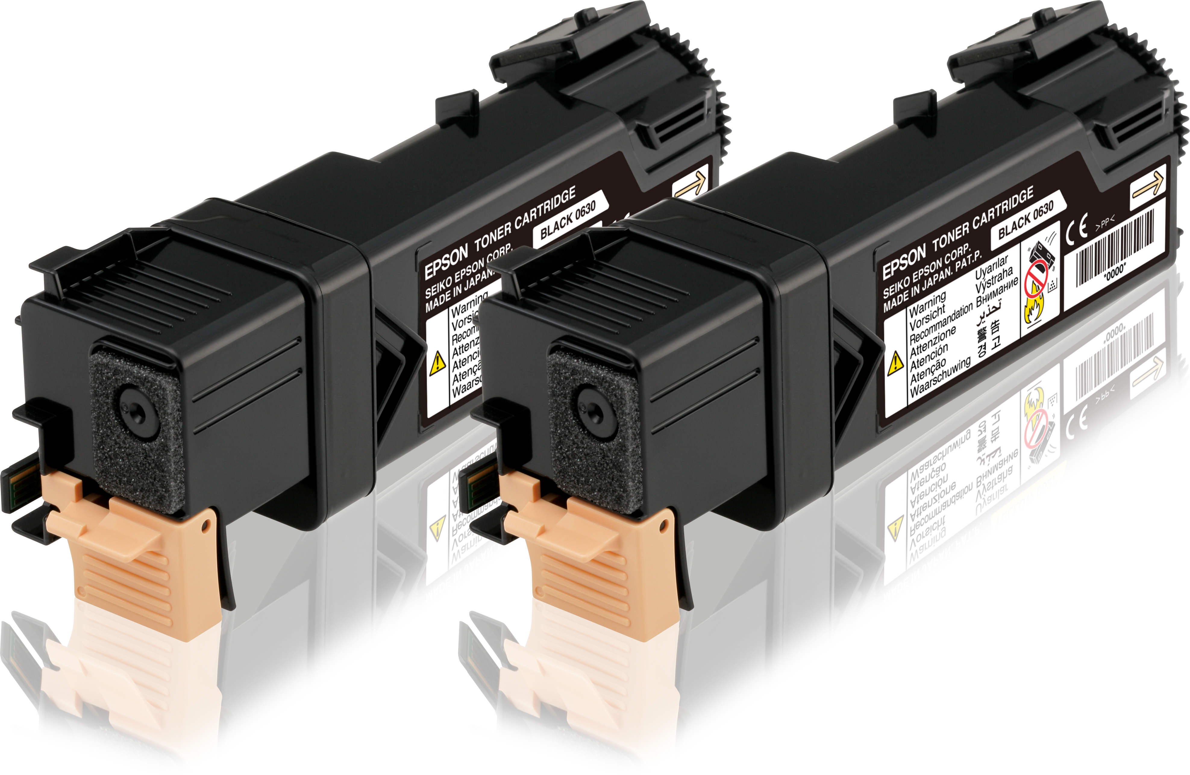 Due cartucce toner Epson nere con parti marrone chiaro.