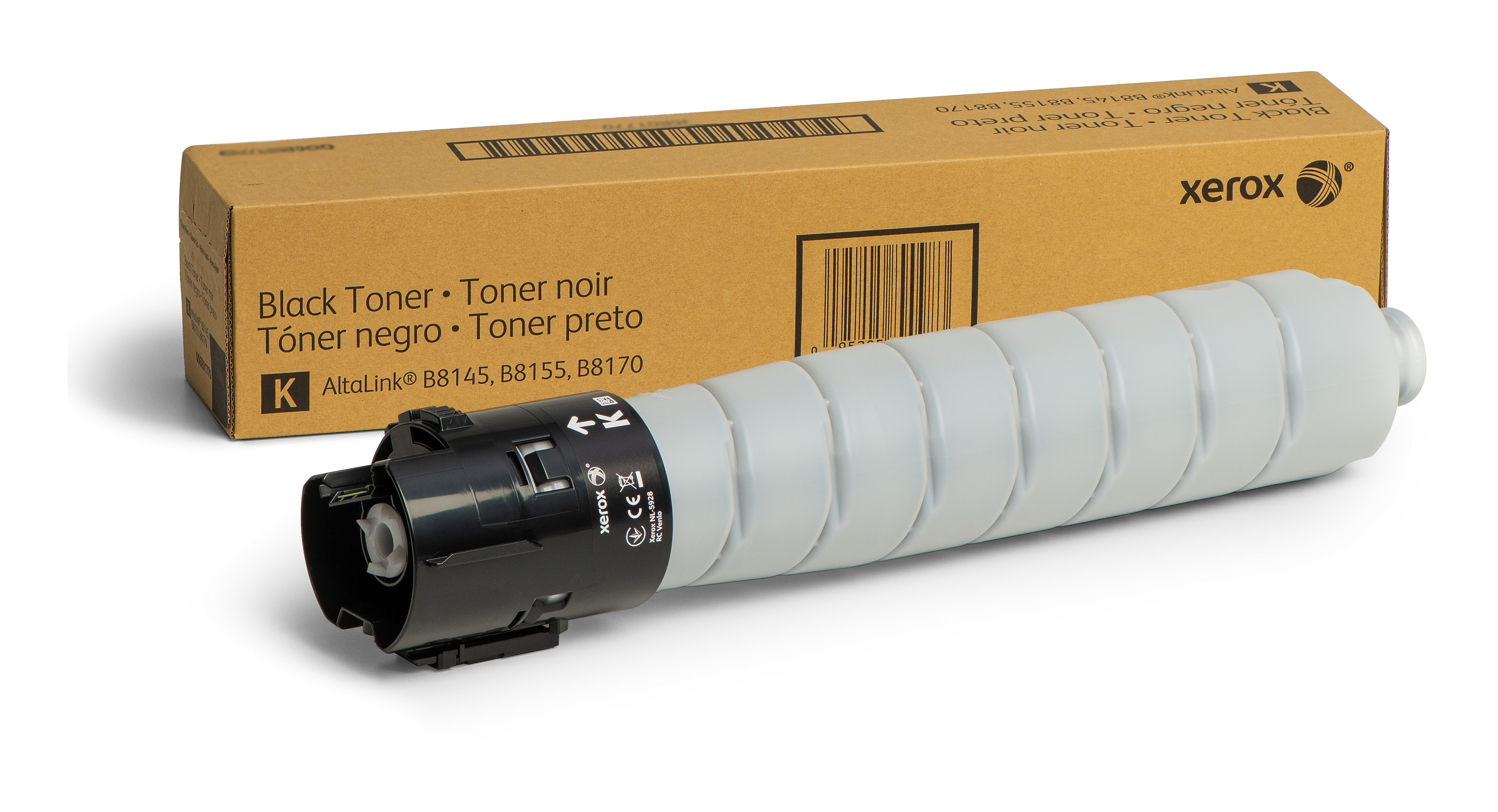 Una cartuccia toner nero Xerox e scatola, toner grigio, scatola marrone.