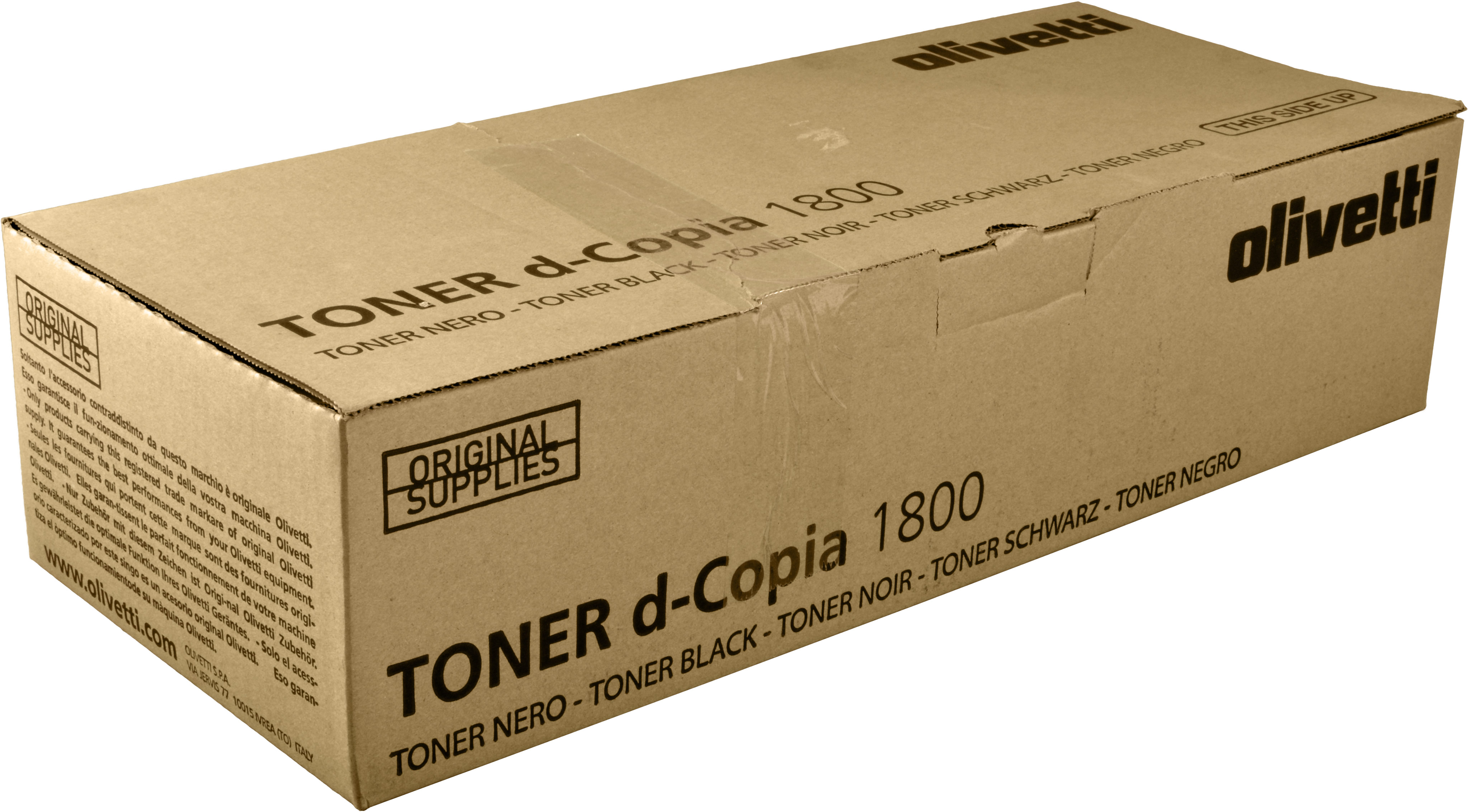 Una scatola di toner Olivetti marrone con testo.