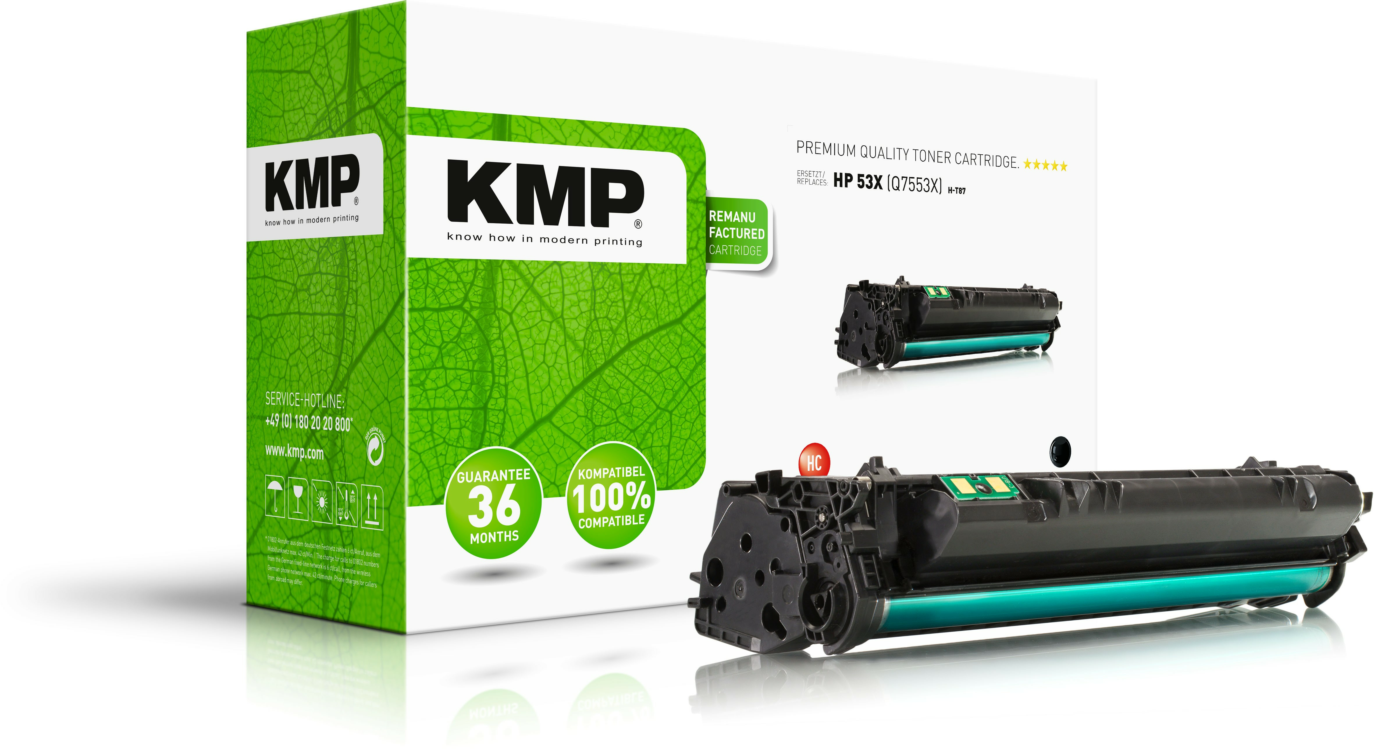 Scatola e cartuccia toner KMP. Cartuccia verde e nera.