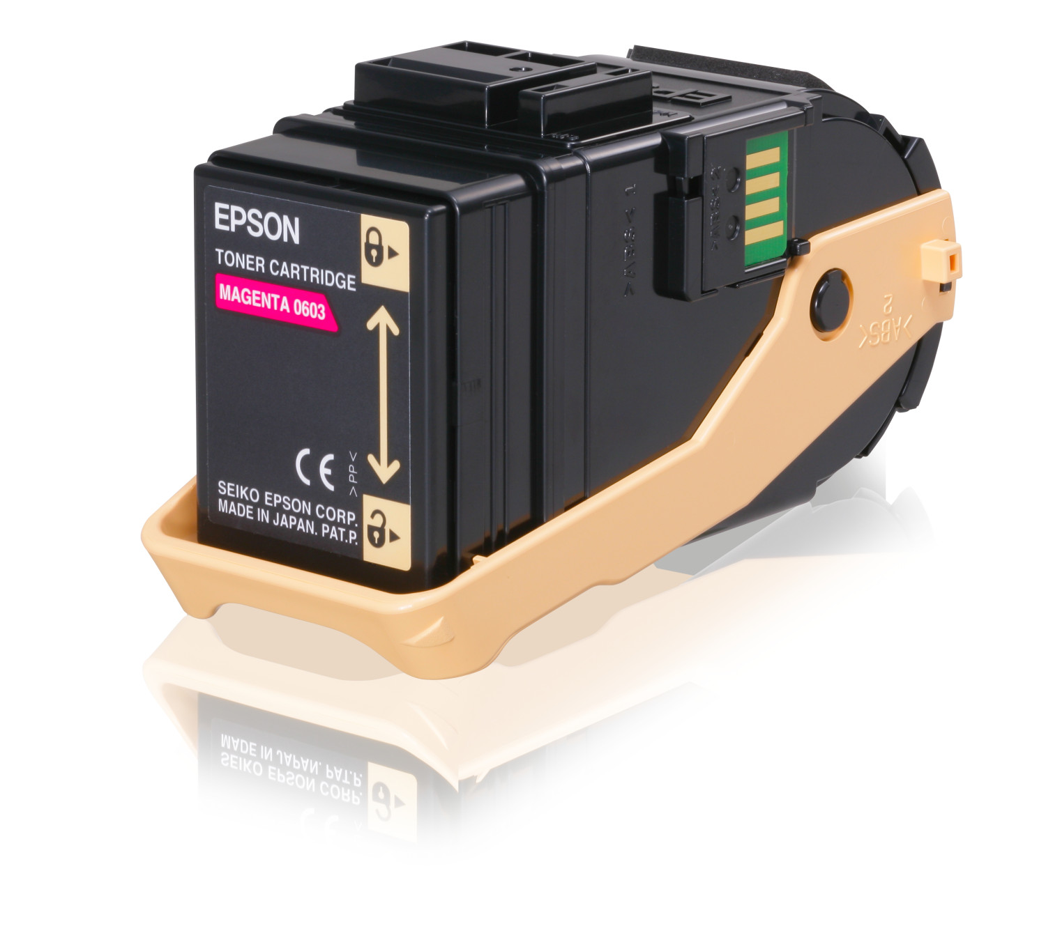 Cartuccia toner magenta Epson. Cartuccia nera in un supporto beige.