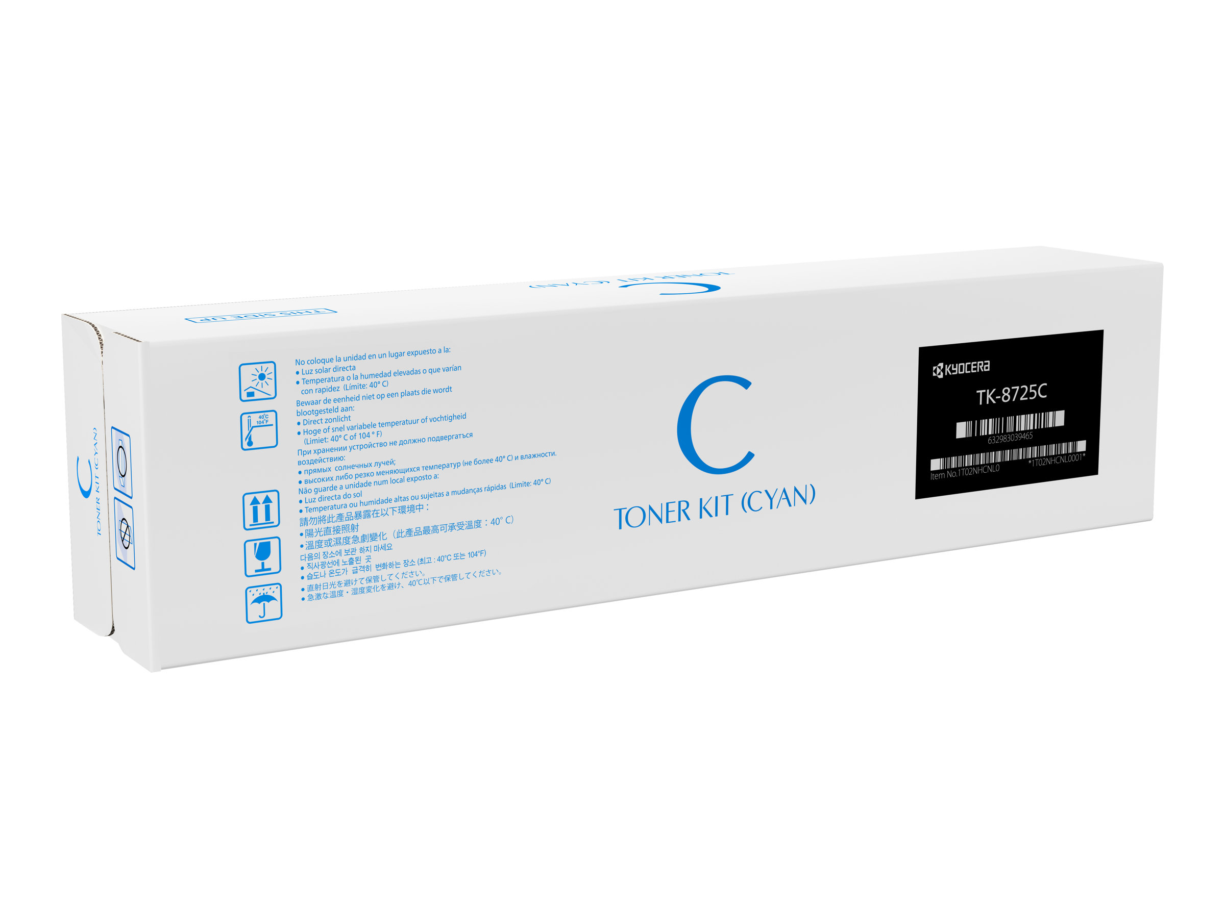 Scatola kit toner ciano. Scatola bianca con testo e immagini blu.
