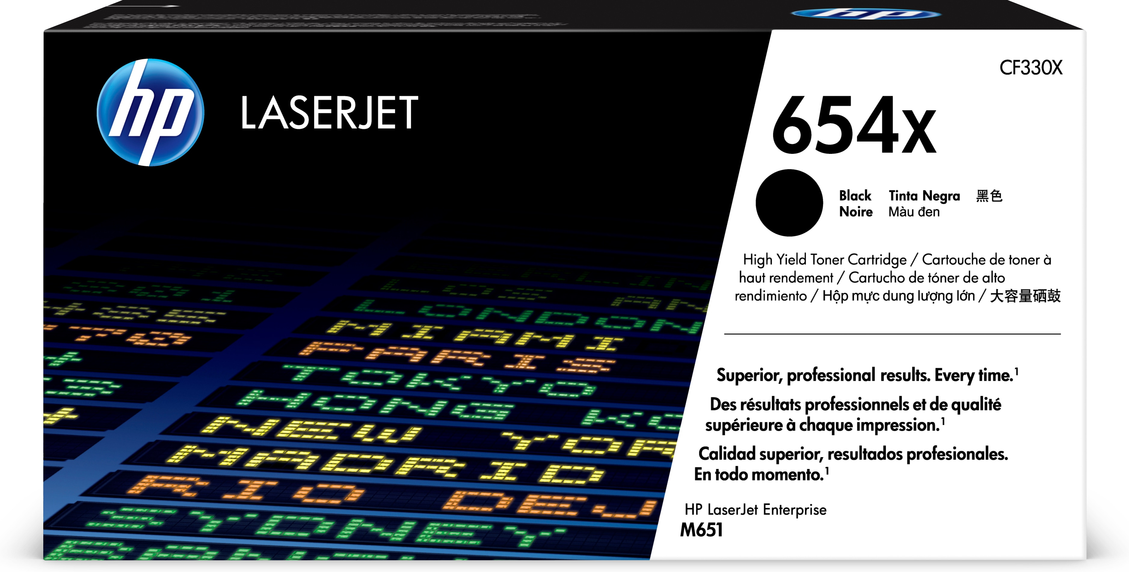 Scatola cartuccia stampa nera HP LaserJet 654x. Sfondo nero e display informazioni voli.