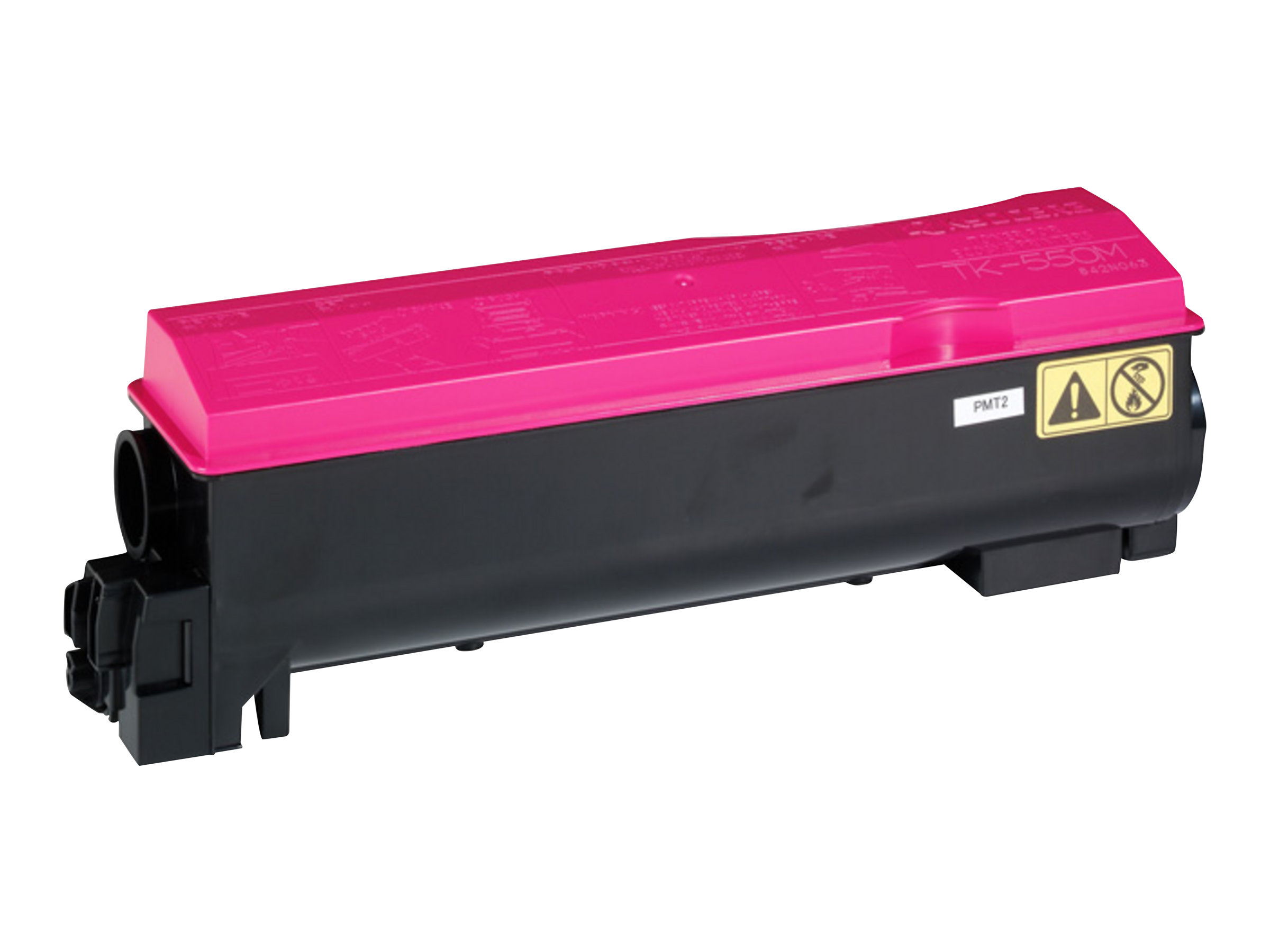 Una cartuccia per stampante rosa e nera, con parte superiore rosa. Ha un'etichetta di avvertimento ed è su sfondo bianco.